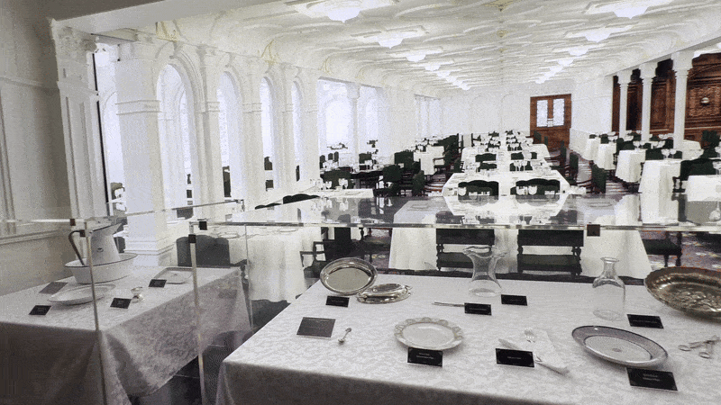 image shows a recreation of the dining room on Titanic.