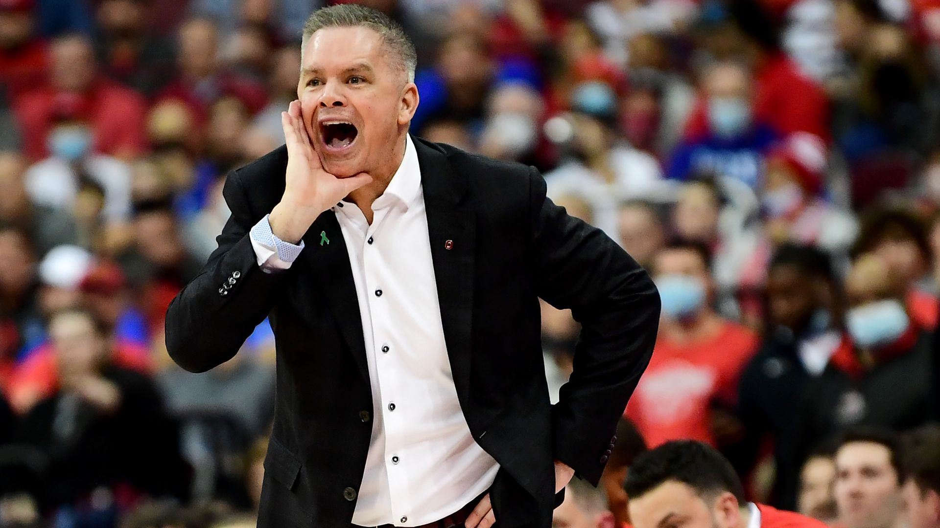  Head coach Chris Holtmann of the Ohio State Buckeyes reacts during the first half of a game against the Duke Blue Devils at Value City Arena on November 30, 2021 in Columbus, Ohio. 