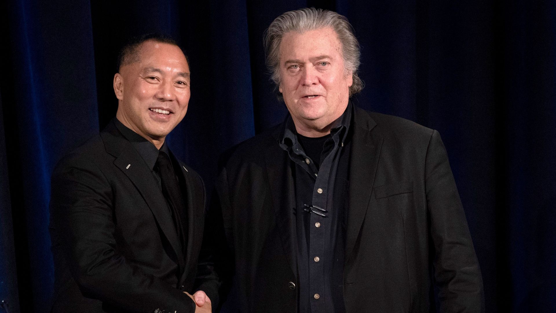 Former White House Chief Strategist Steve Bannon greeting Chinese billionaire Guo Wengui in France in July 2018.