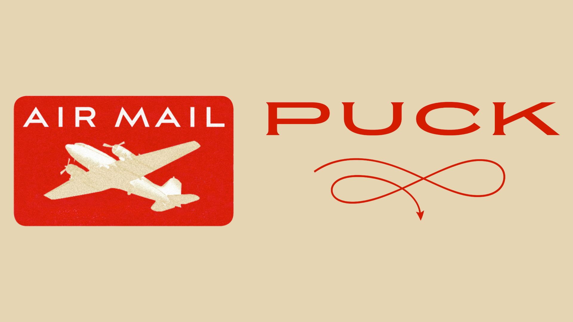 Red rectangle with a cream airplane silhouette and white text "AIR MAIL" next to bold red text "PUCK" with a red decorative flourish on a beige background.