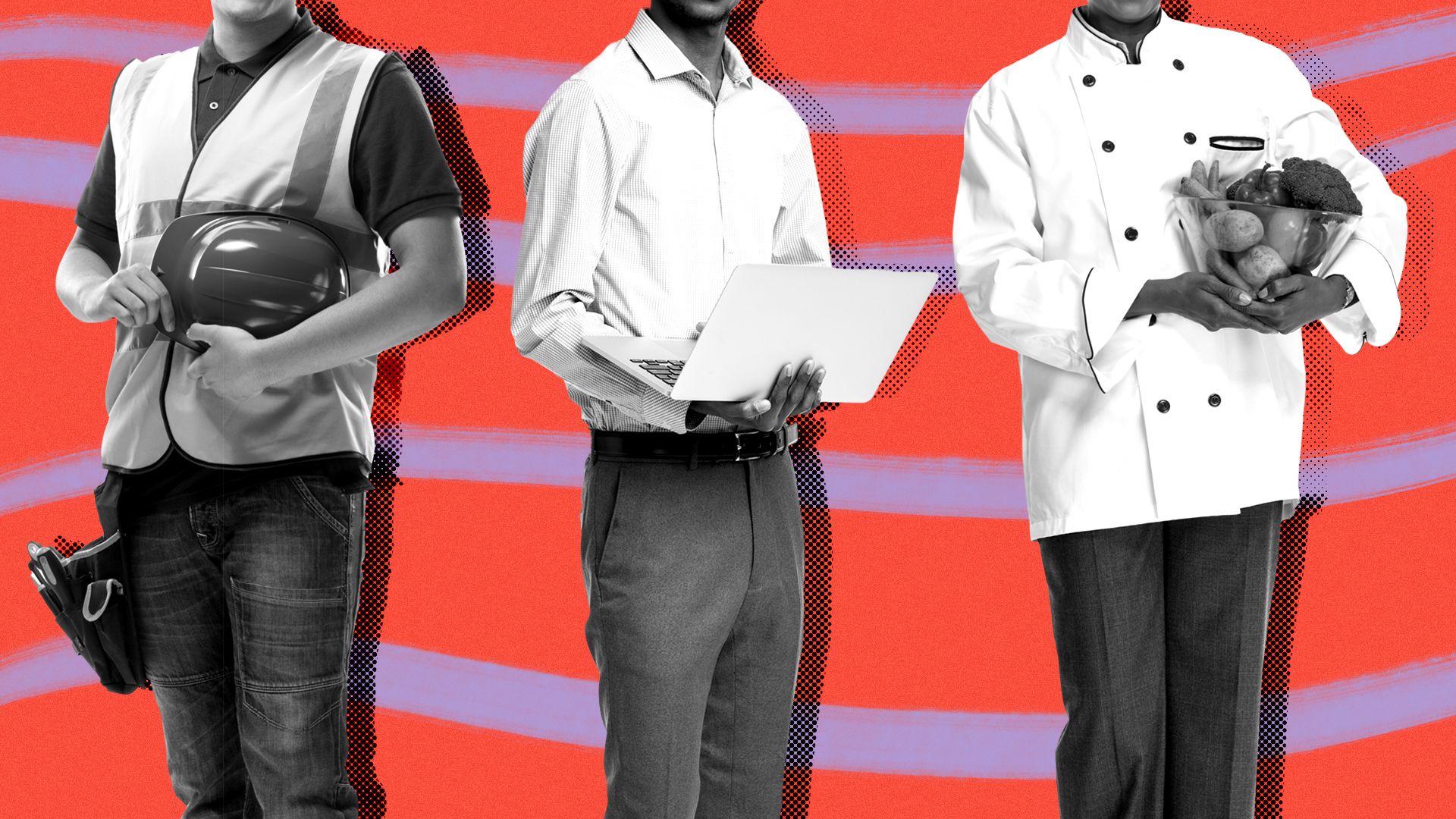 Illustration of a construction worker, programmer and chef.