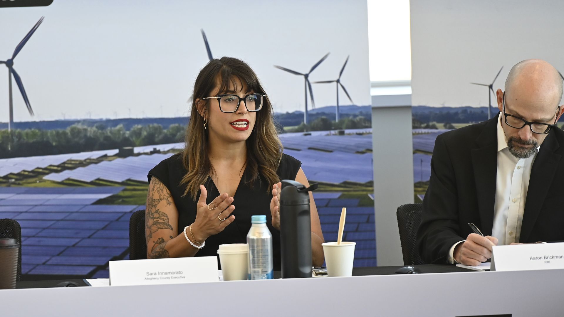 Sara Innamorato, Allegheny County Executive speaks during a roundtable discussion regarding the recent growth of clean energy projects in Western Pennsylvania and how the federal clean energy plan is creating new opportunities for workers, fostering a more resilient and sustainable economy