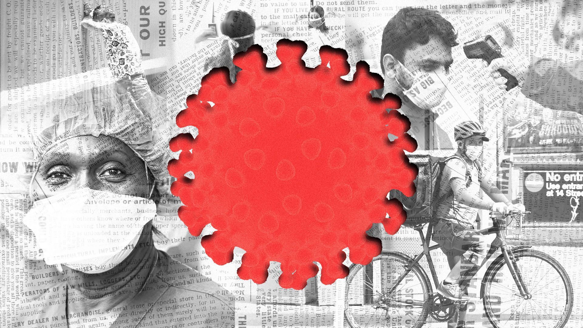 Photo collage of newspaper clippings with cutout of a red virus in the middle. Photos of healthcare and essential workers.
