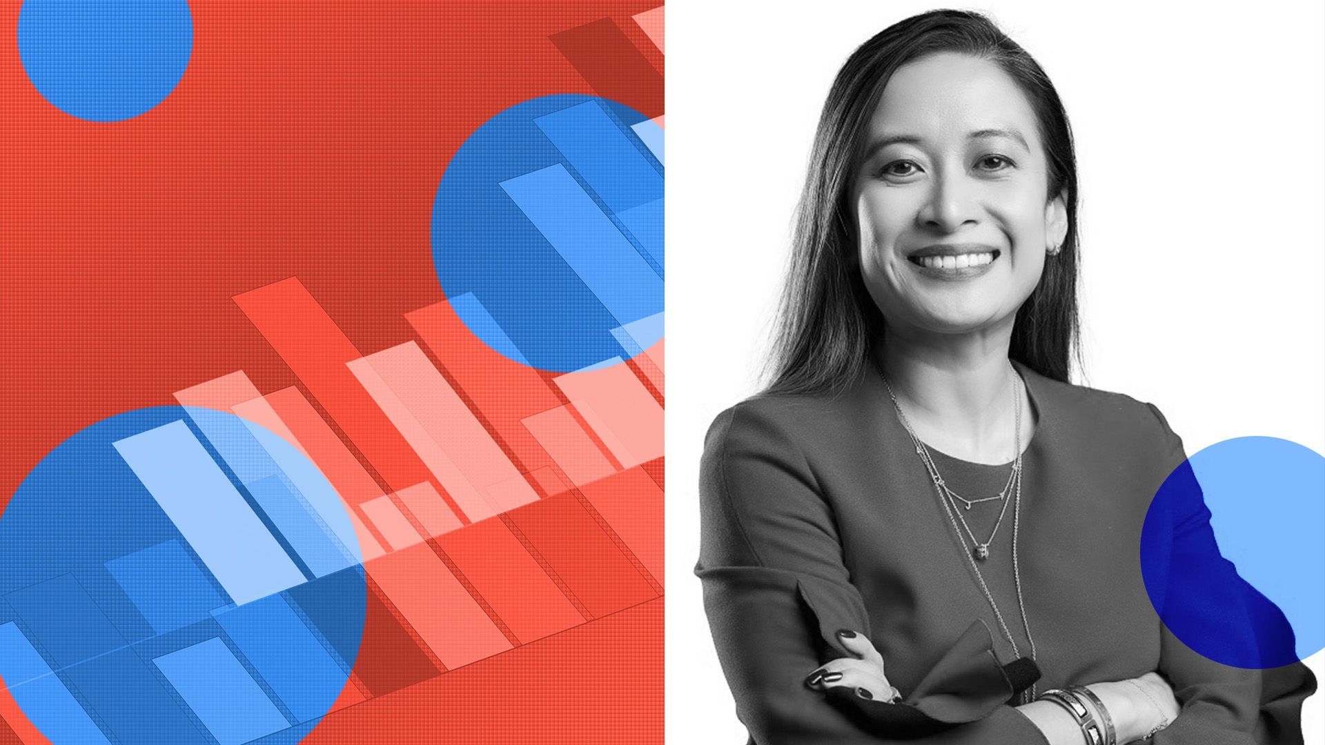 photo illustration of camilla macapili anguille of mubadala investments surrounded by circles and charts