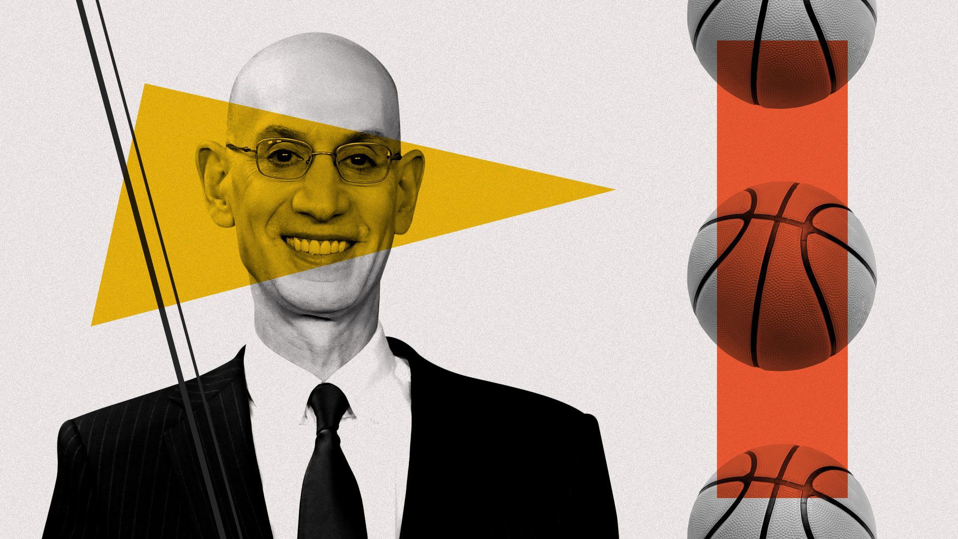 Photo illustration of NBA Adam Silver, basketballs, and geometric shapes
