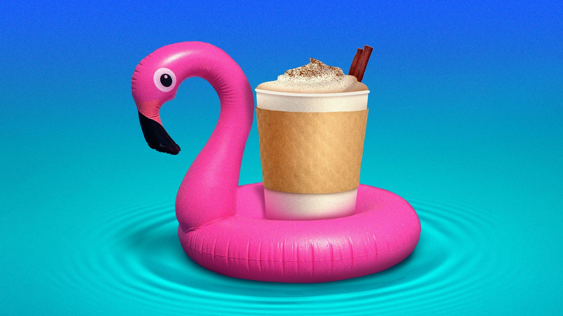 Illustration of a pumpkin spice latte in a to go cup sitting in a flamingo pool float.