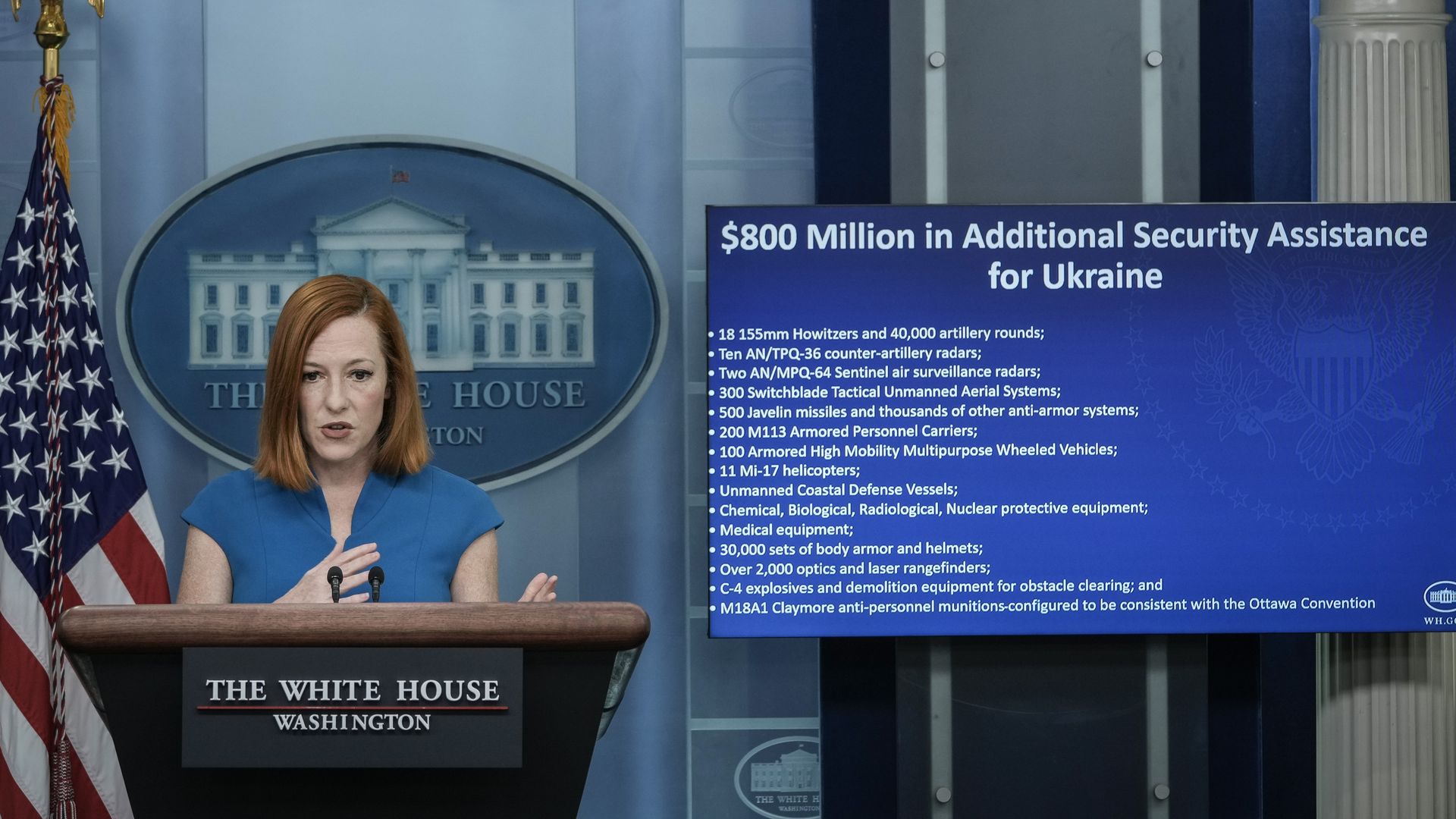 White House press secretary Jen Psaki is seen detailing $800 million in new security assistance for Ukraine.