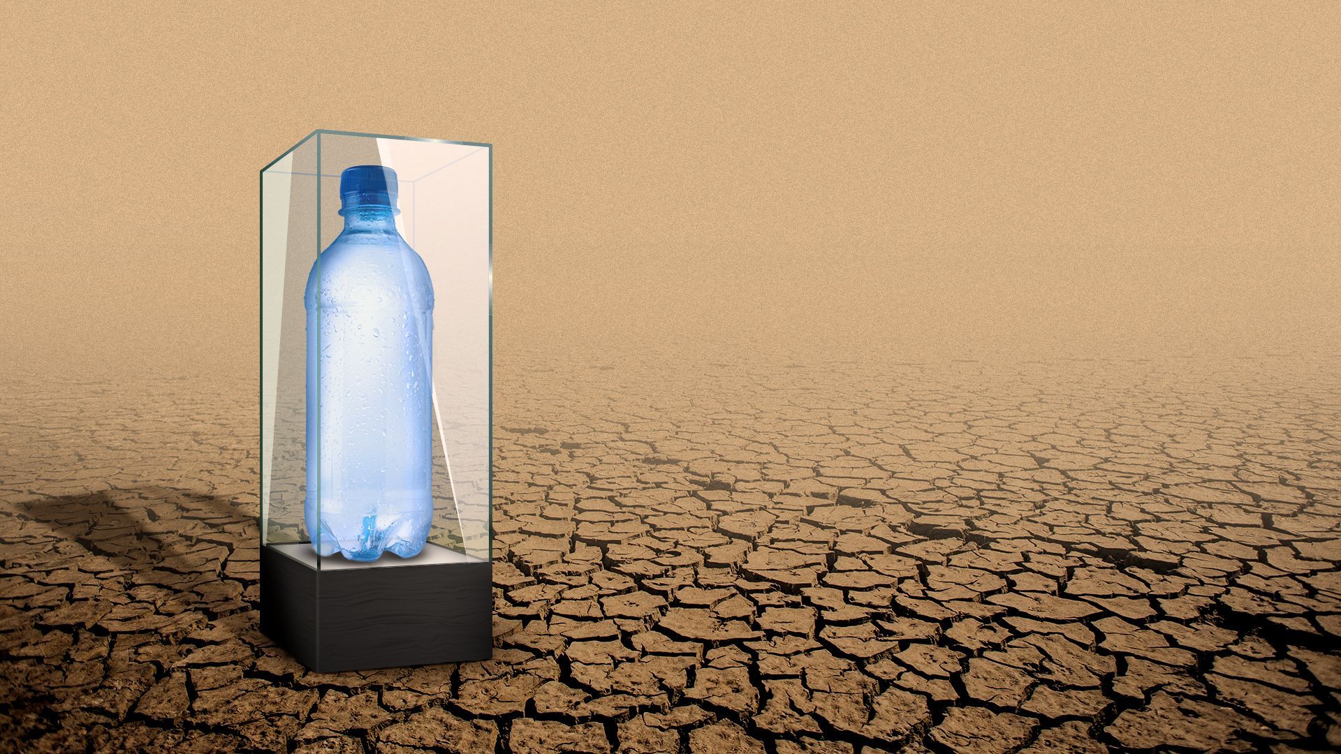Illustration of an ice cold bottle of water in a glass case in a dried out landscape.