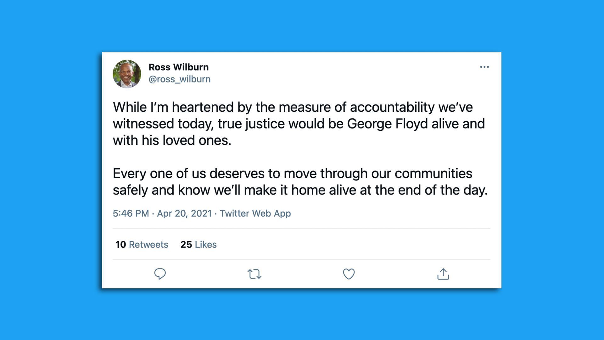 A screenshot of a tweet on a blue background