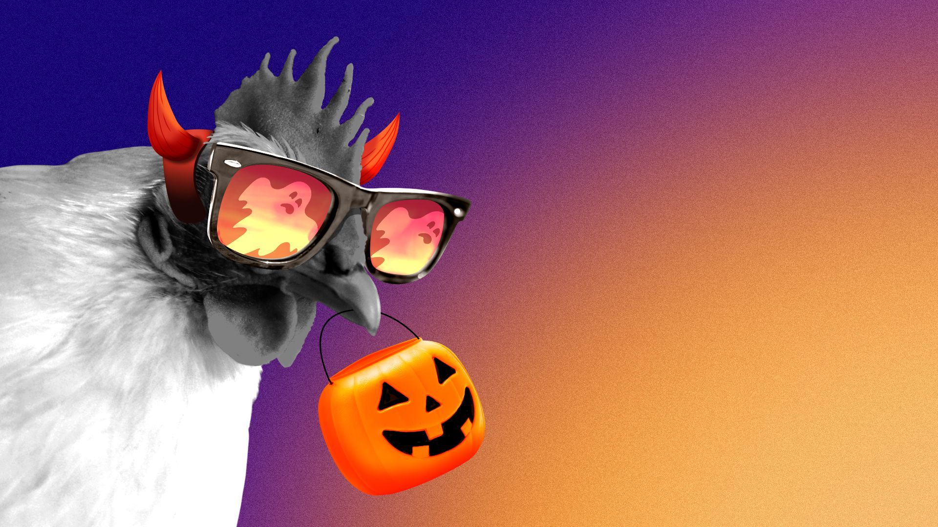 Illustration of a chicken with sunglasses carrying a plastic pumpkin and wearing devil horns, with ghosts reflects in the glasses