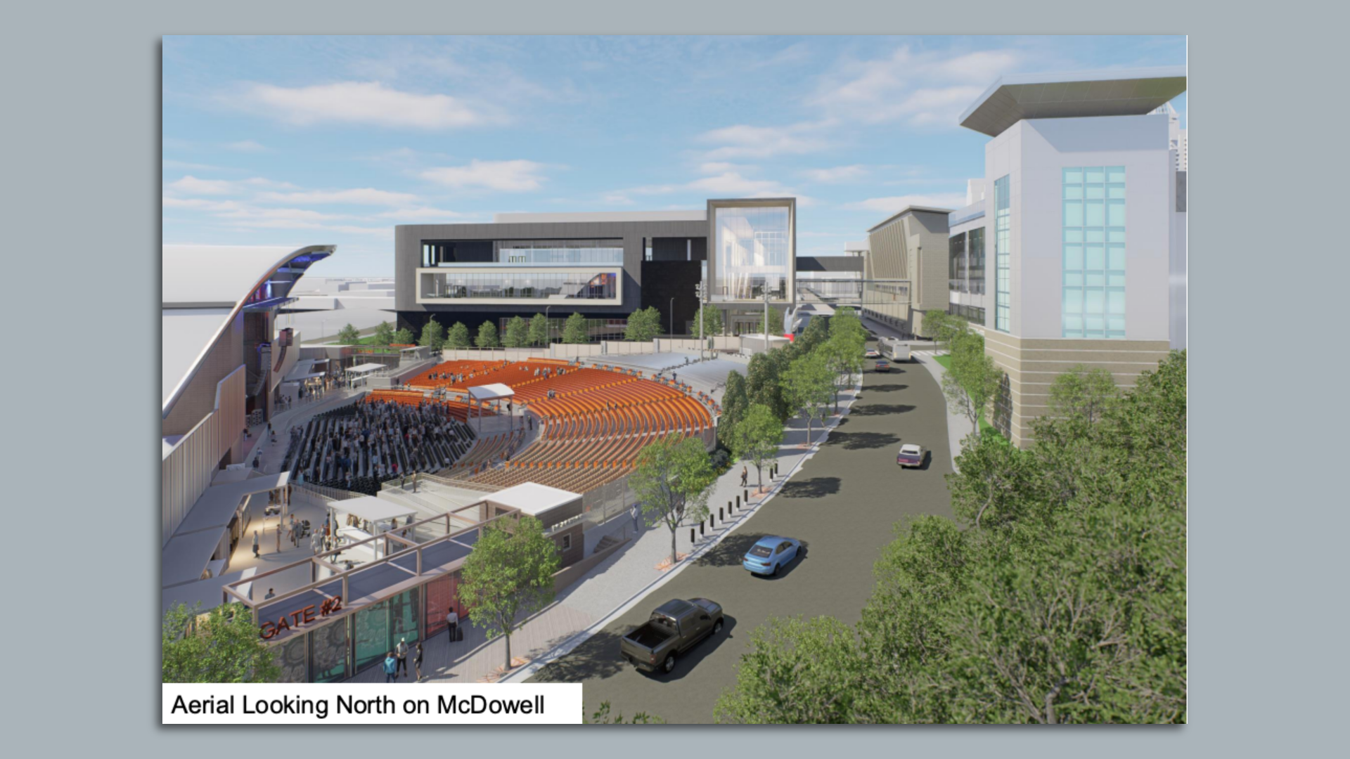 A rendering of the future Red Hat Amphitheater looking down McDowell Street
