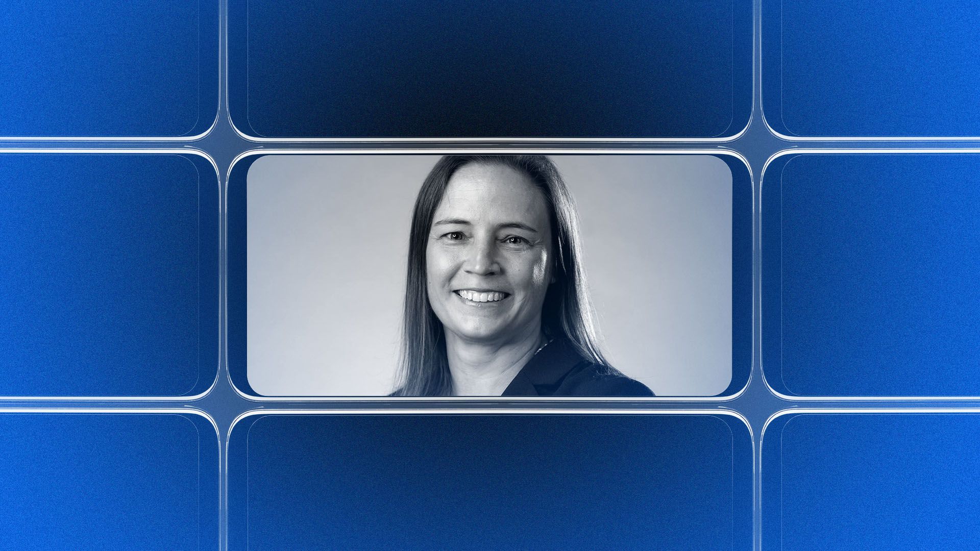 Photo illustration of a grid of smartphone screens, the center one showing an image of Lynn Hurtak.