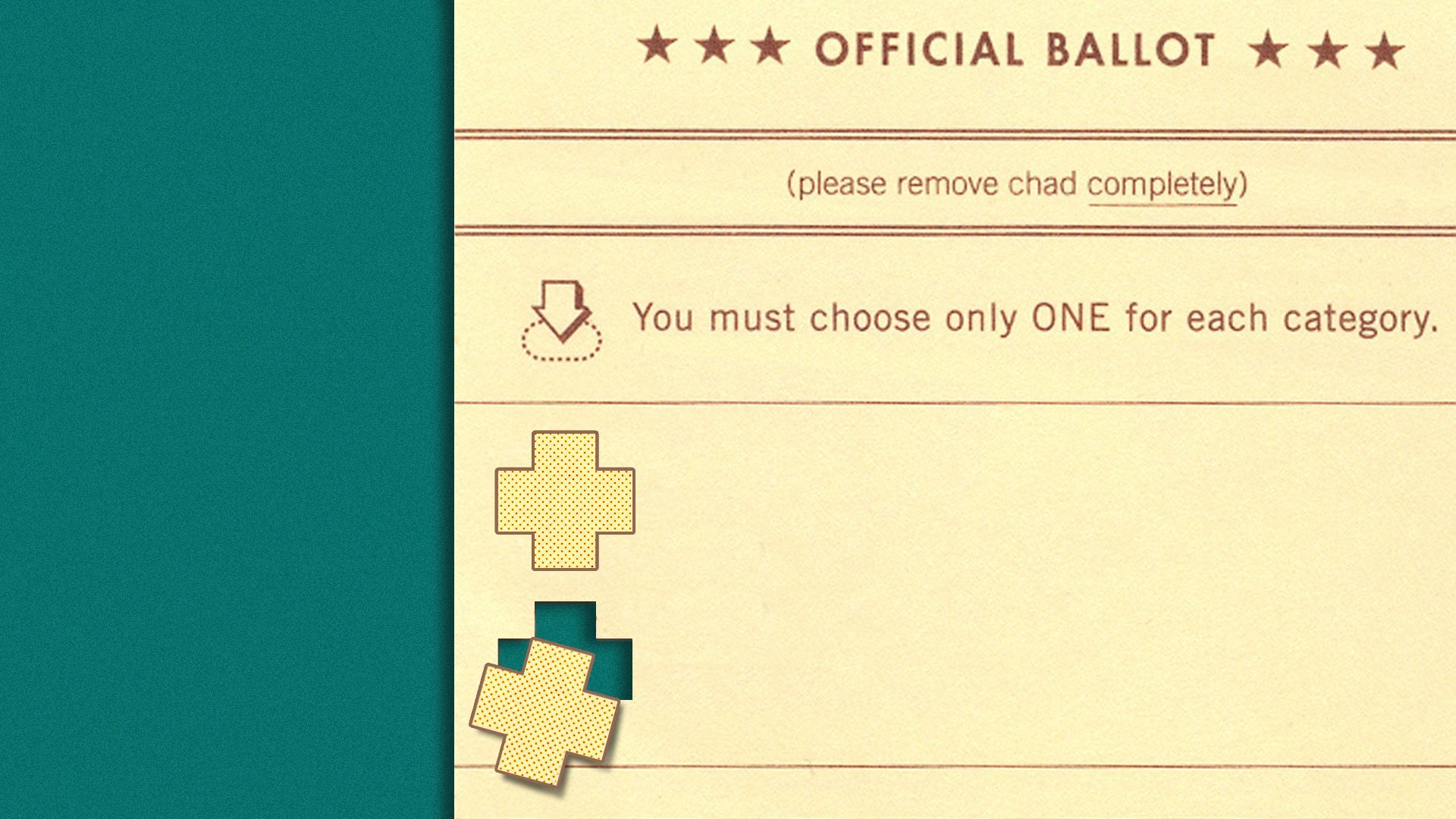 Illustration of a ballot with chads in the shape of red crosses