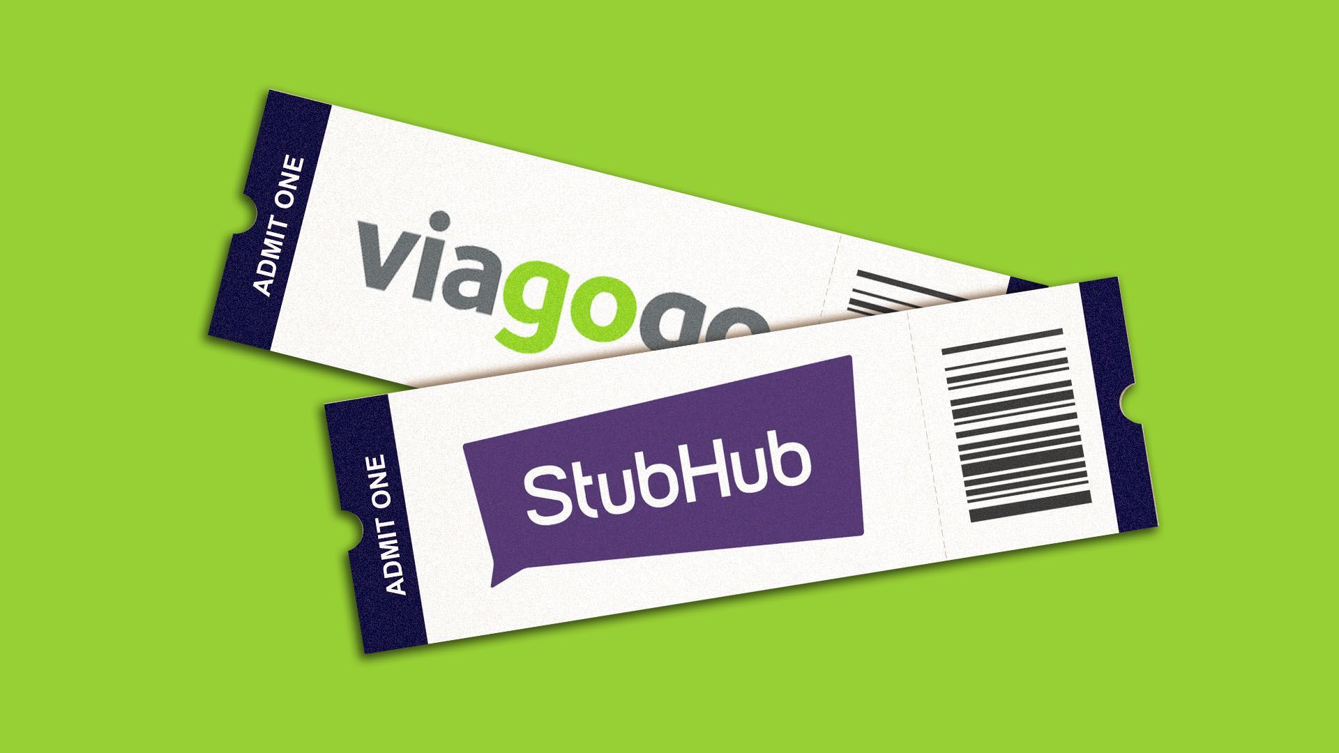 Illustration of two tickets, one with the Stubhub logo and one with the Viagogo logo