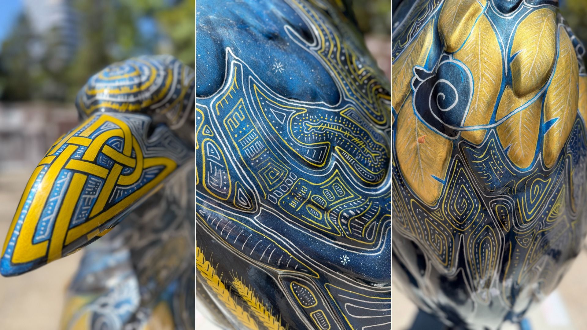 Triptych close-up of a sculpture covered in blue and gold decorative patterns. Left panel shows a yellow-and-blue woven motif, center displays white-outlined shapes on blue, right panel features gold swirls and blue lines.