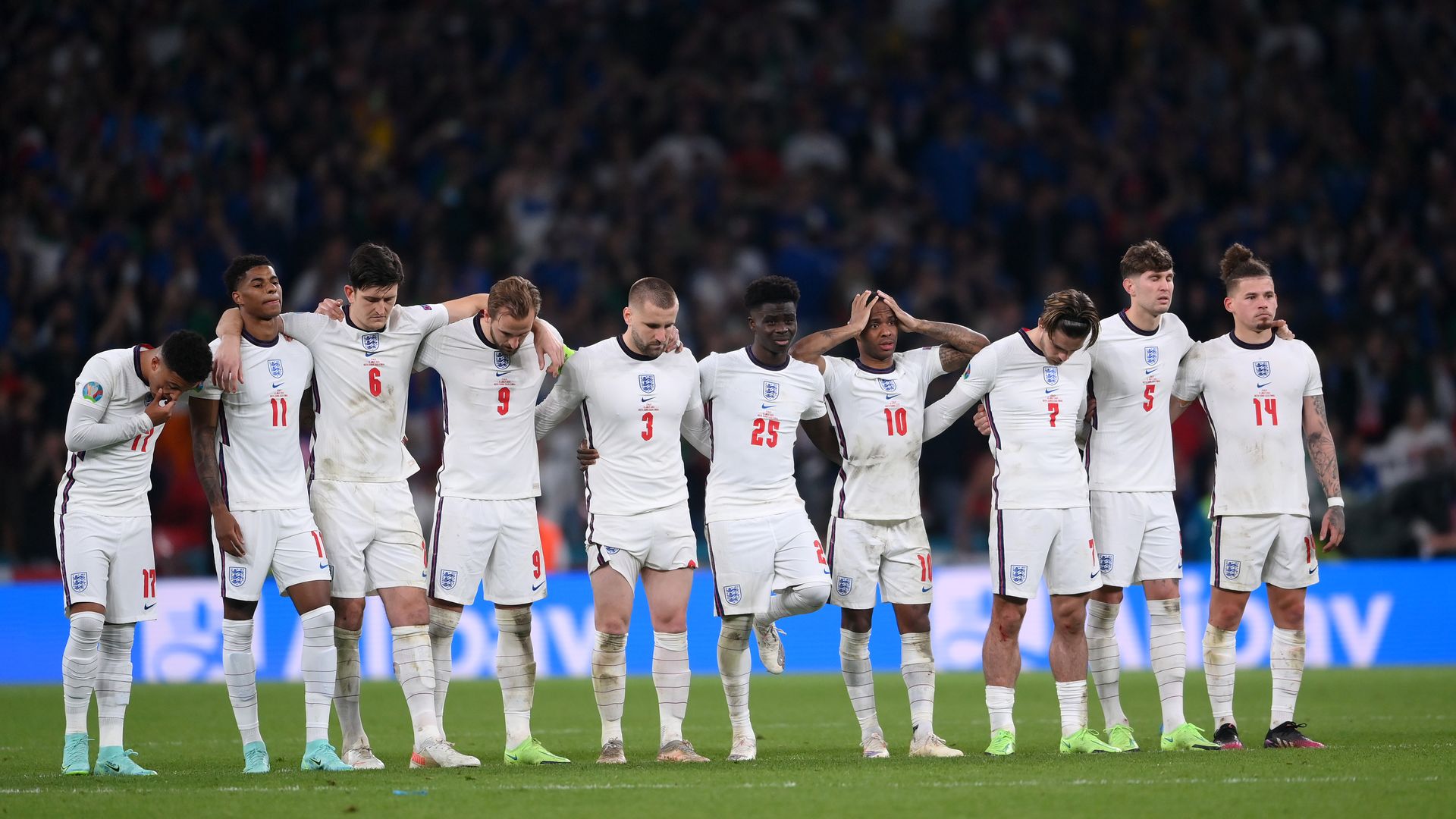 Team England looks on during the penalty shoot out during the UEFA Euro 2020 Championship Final
