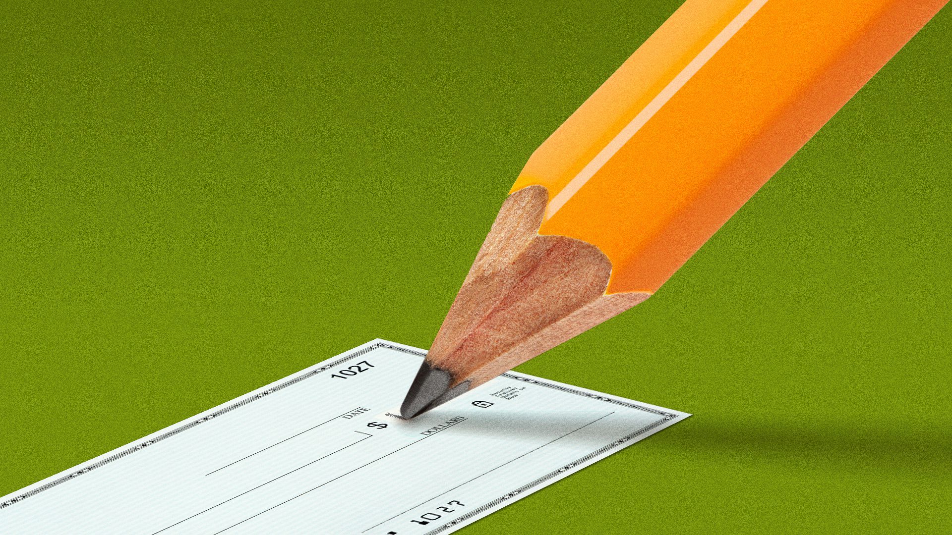 Illustration of a very large pencil filling out a check. 