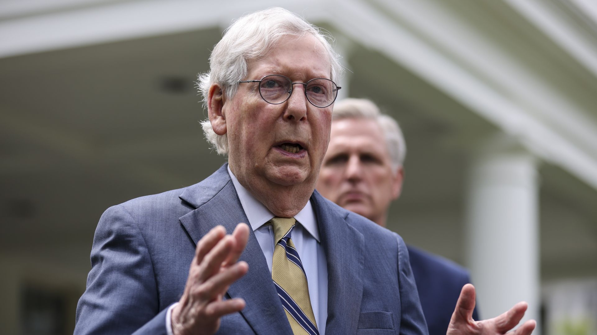Senate Minority Leader Mitch McConnell, a Republican from Kentucky, speaks to members of the media as U.S. House Minority Leader Kevin McCarthy, a Republican from California, right, listens.