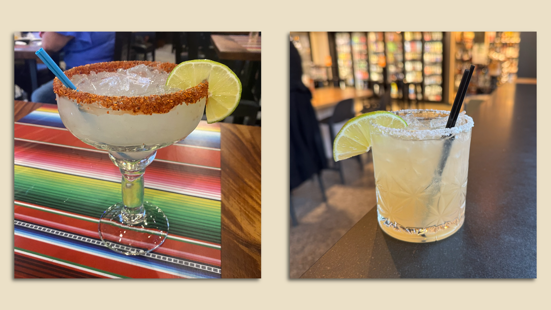 Two margaritas shown with a tajin rim and a salt rim.