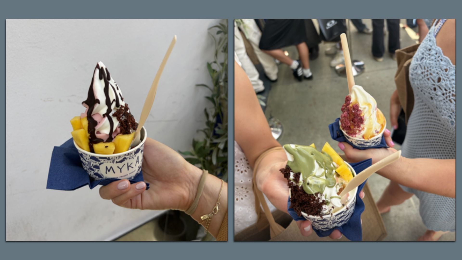 Two panels of ice cream cups handed to a person: left shows vanilla soft serve with chocolate drizzle and mango chunks in a patterned cup; right shows another cup with colorful toppings in a crowd.