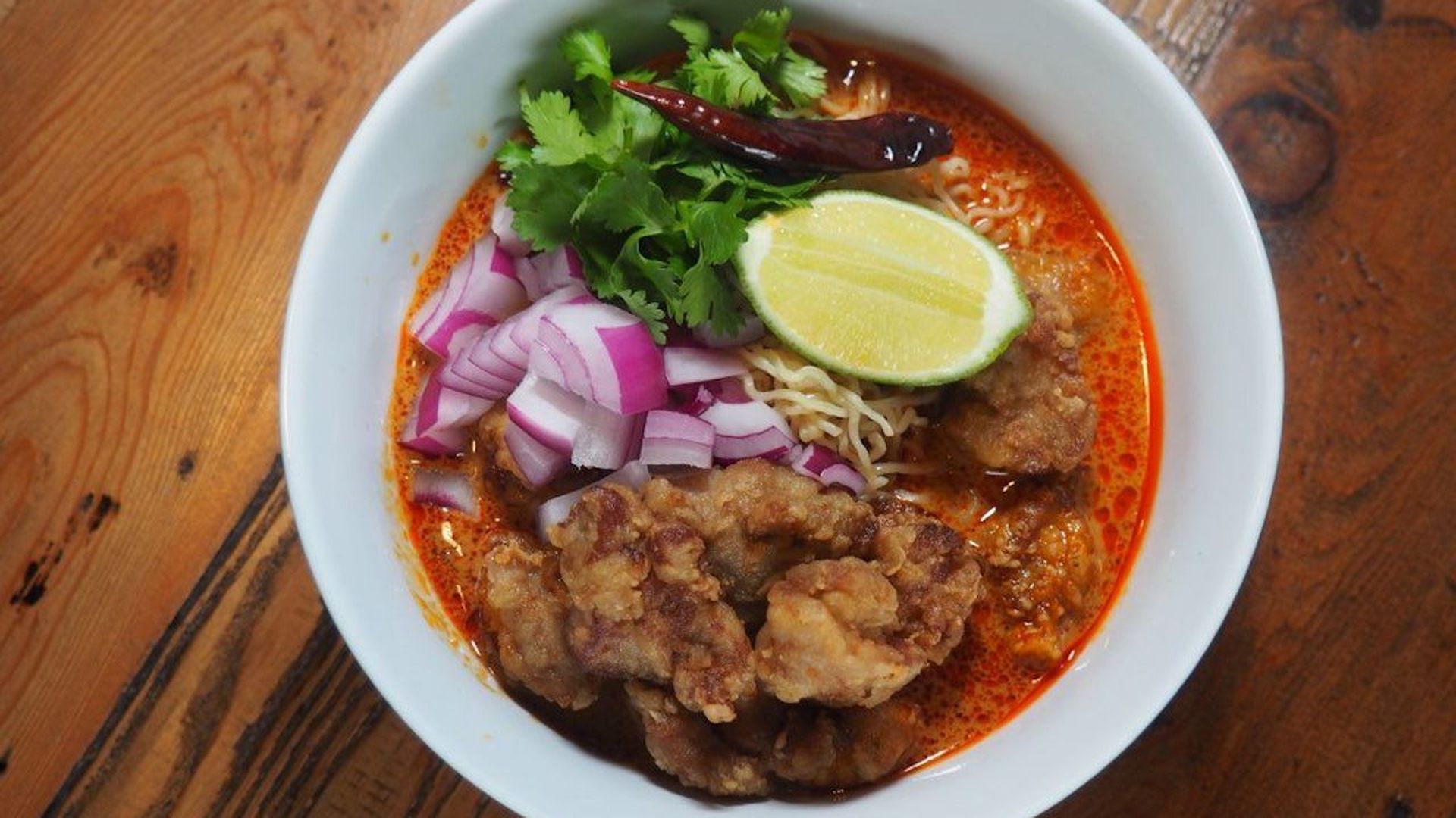 Fried chicken khao soi from the Noodle Lady. Photo via the Noodle Lady