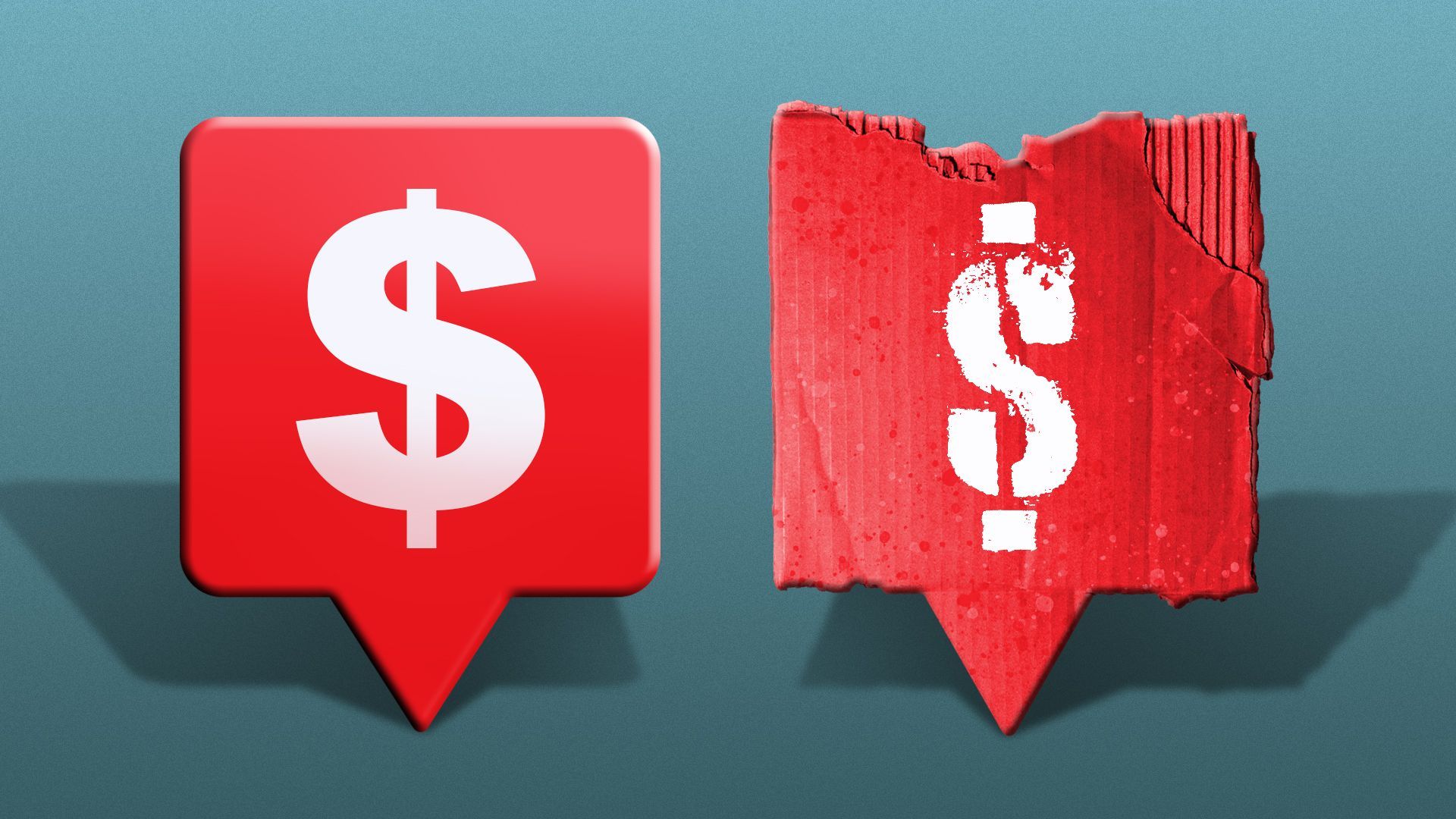 Illustration of a notification icon with a dollar sign, and a second distressed icon with a dollar sign made out of cardboard