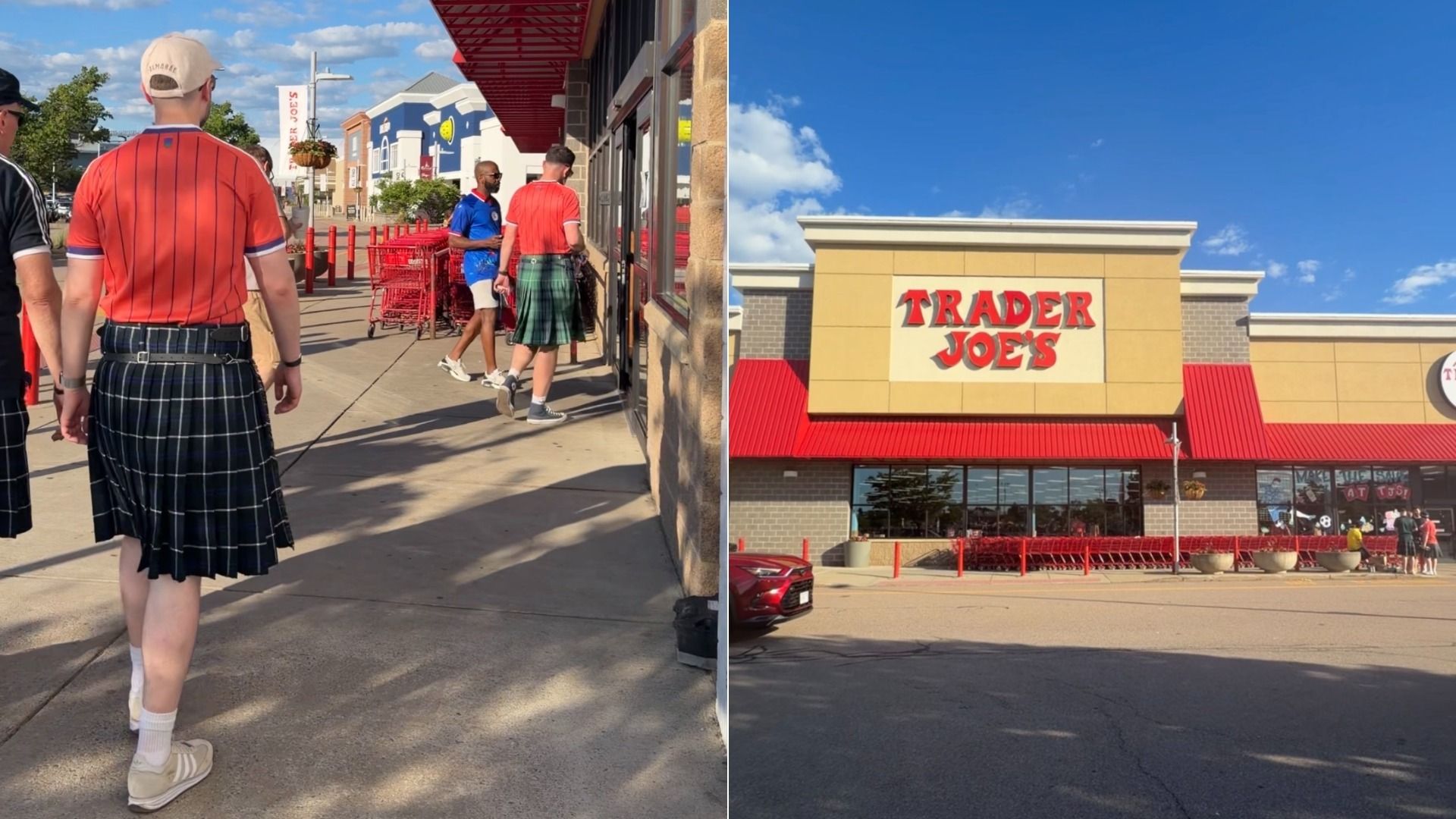 Split image: left shows shoppers queuing outside stores, including one in a Haiti jersey and two in kilts and Scotland jerseys. The right image shows the Trader Joe's storefront at Patriot Place.