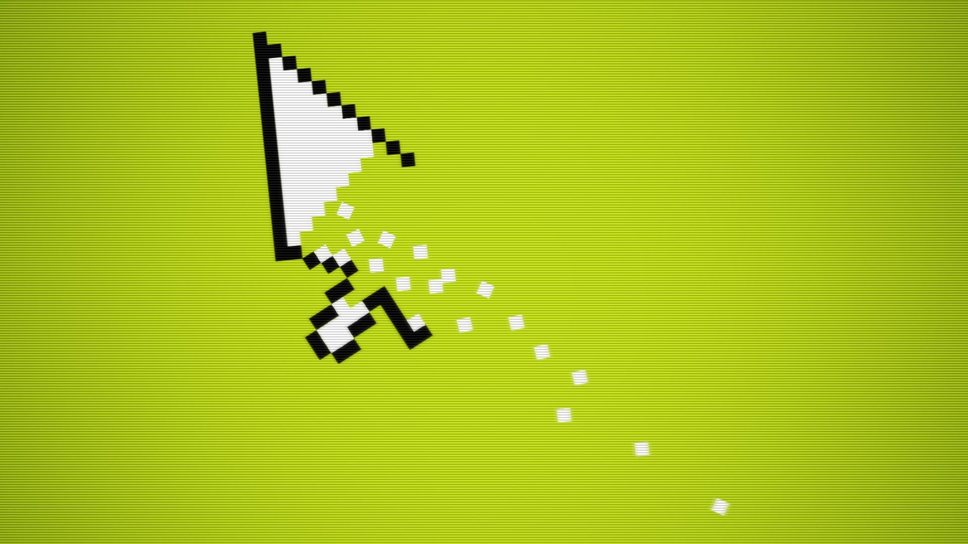 Illustration of a cursor moving across a screen with the bottom part of the cursor broken open and pixels spilling out. 