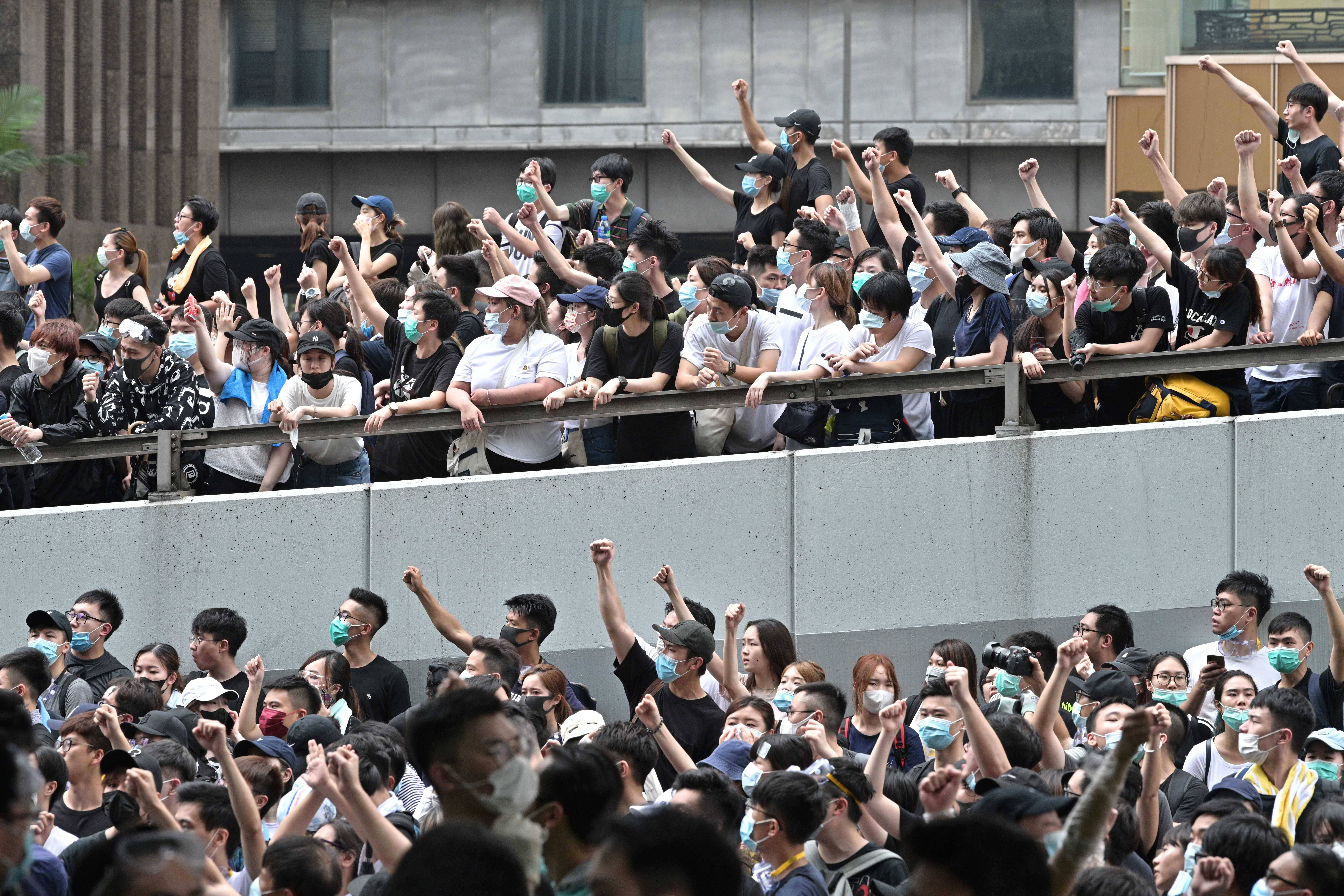 Protesters occupy the roads near the Legislative Council and government headquarters in Hong Kong.
