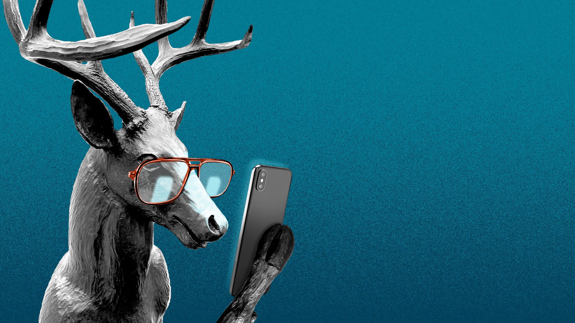 Photo illustration of one of the Scioto Lounge deer scupltures, wearing glasses and reading its phone.