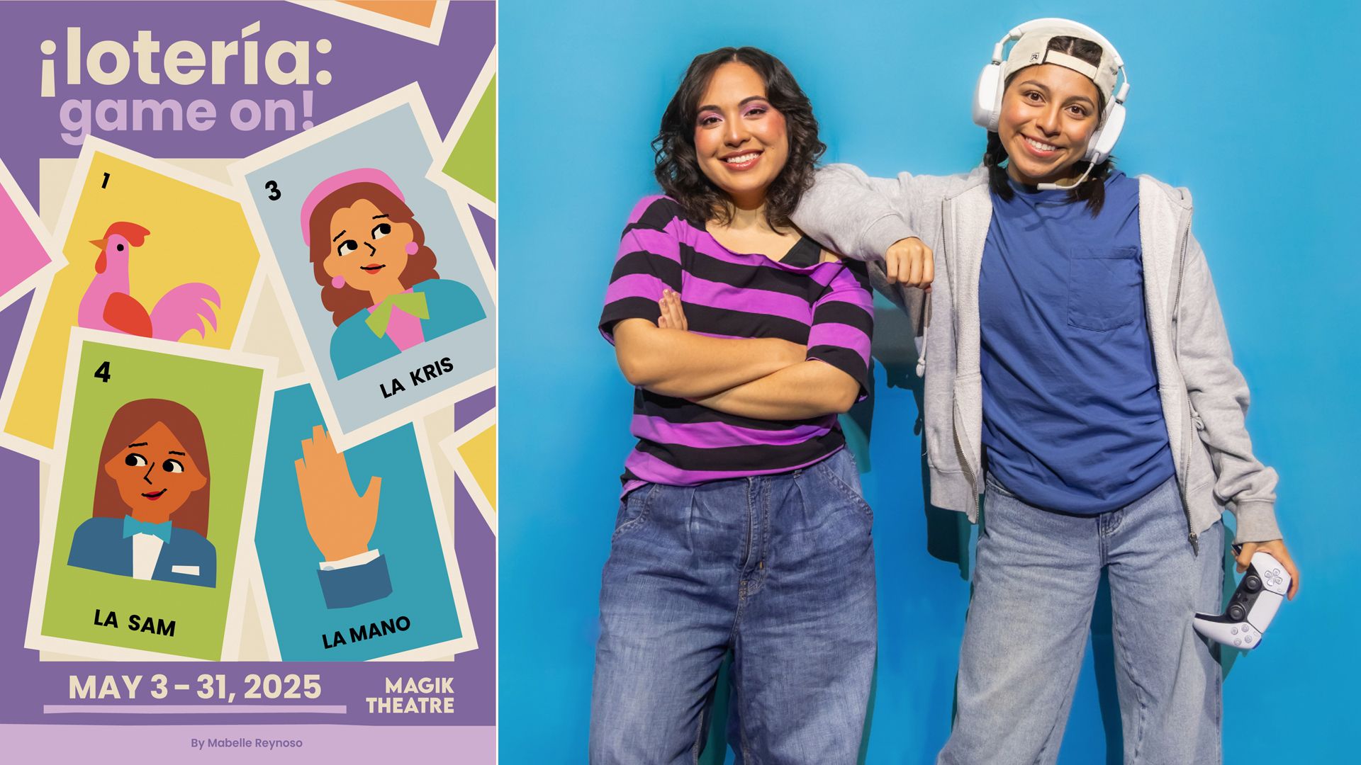 A show poster on the left and two actors posing together on the right.