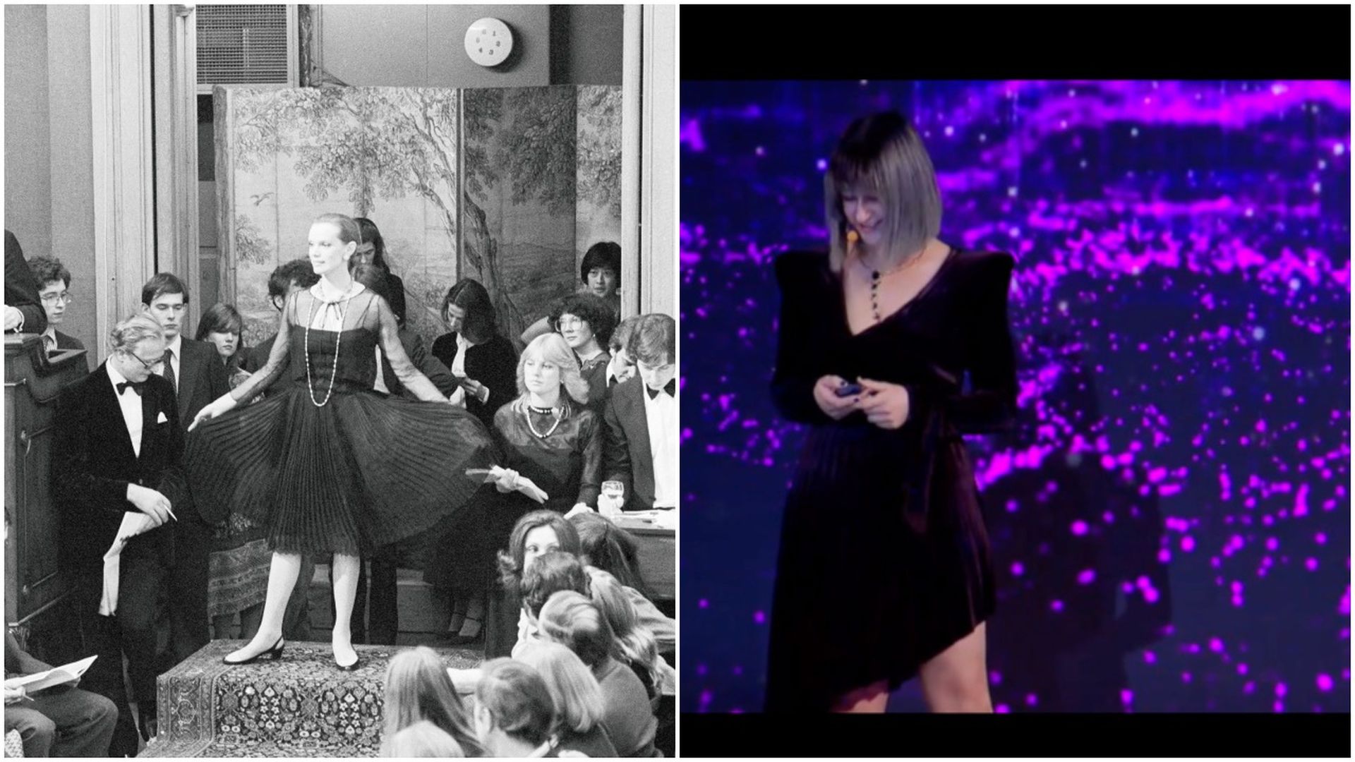Split pic: A black and white photo of a woman in a black dress on one side. A modern woman on the other.