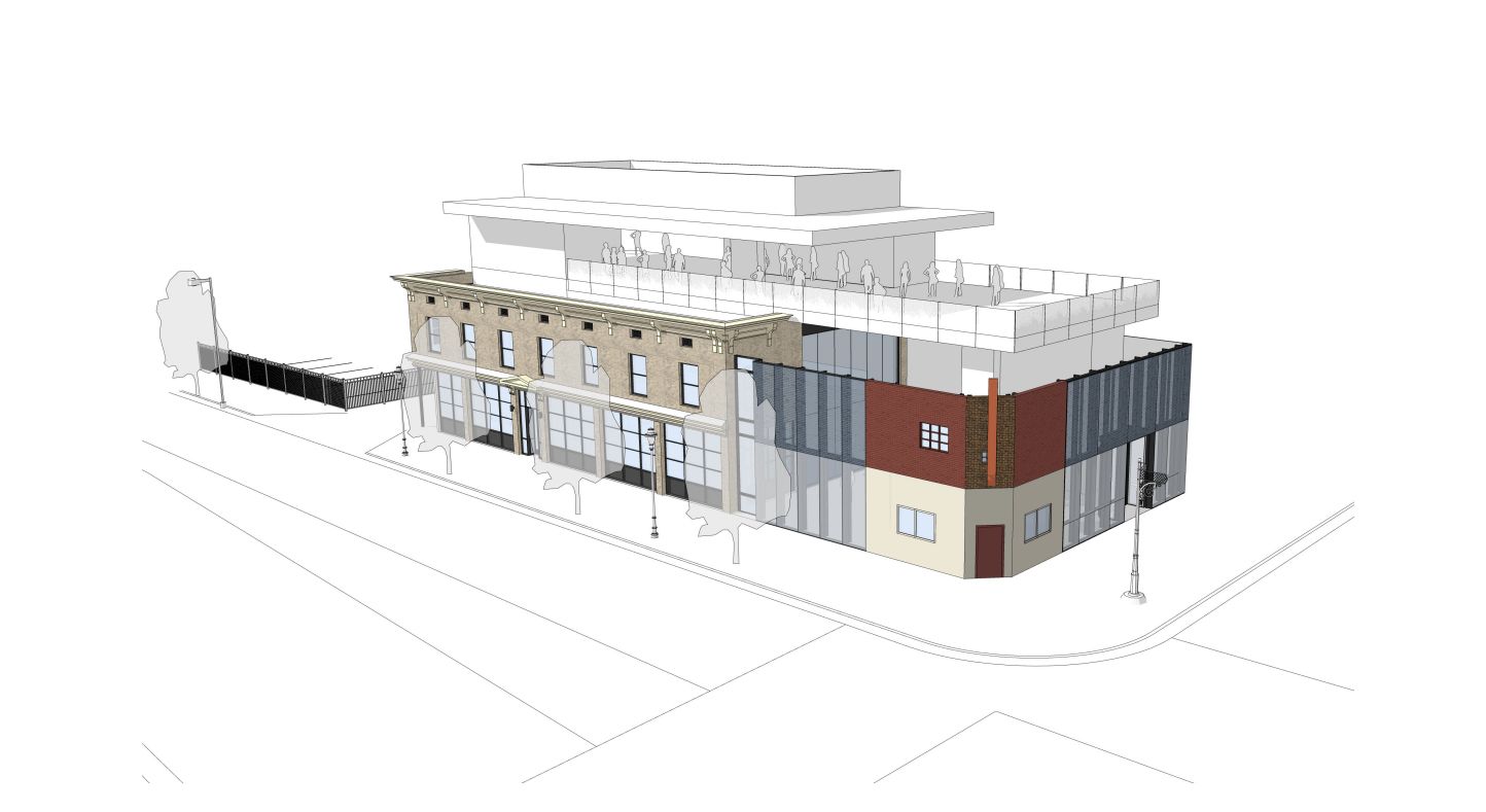 A rendering showing a building on a street corner, with one corner showing a red and beige building. 