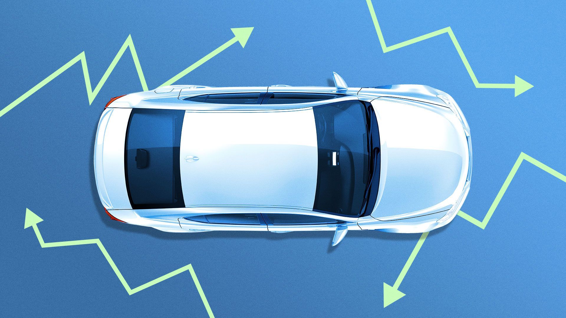 Illustration of electric vehicle surrounded by various upwards and downward trend lines