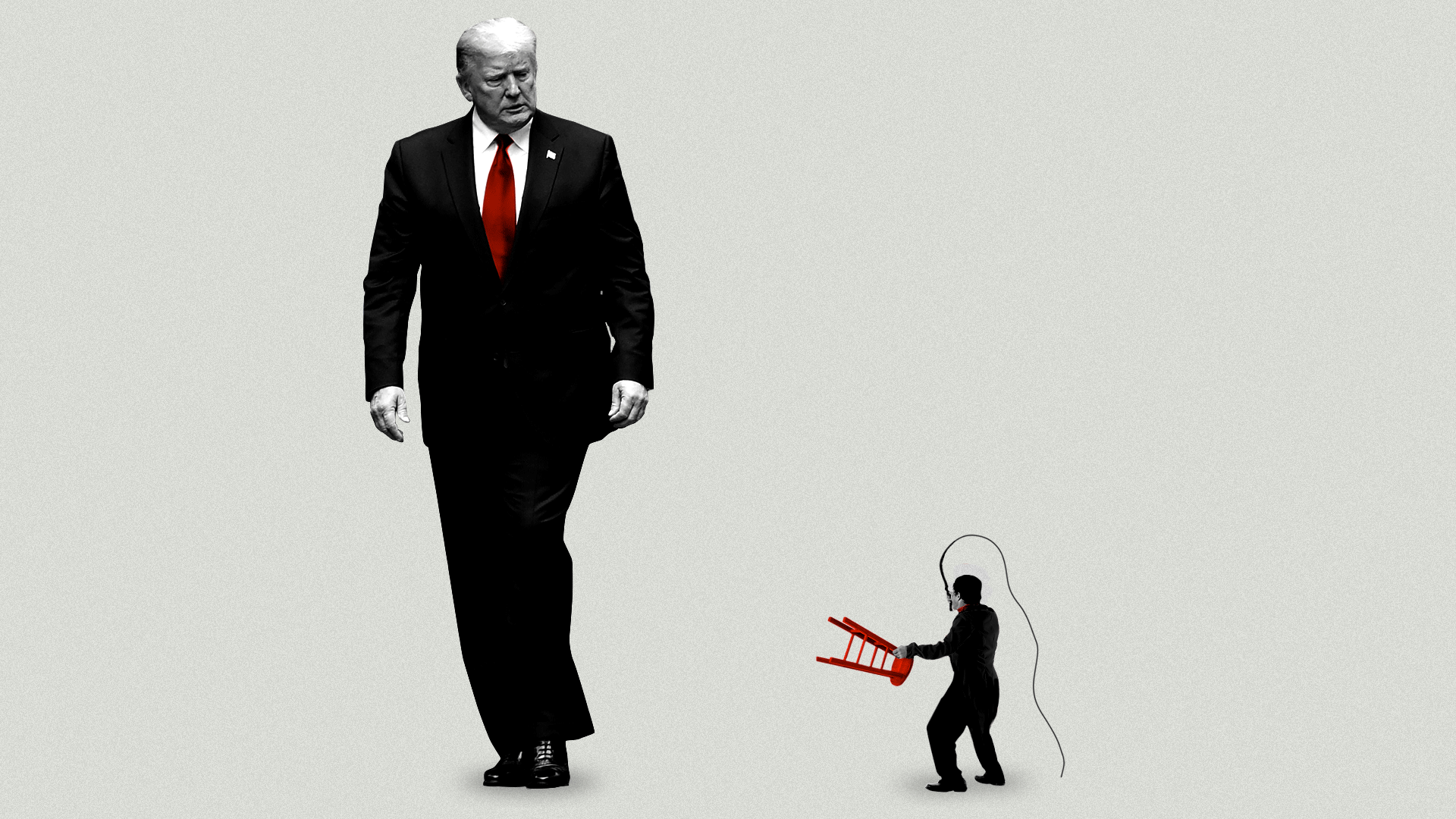 Illustration of President Trump looking down at a lion tamer in a business suit holding a stool and a whip.