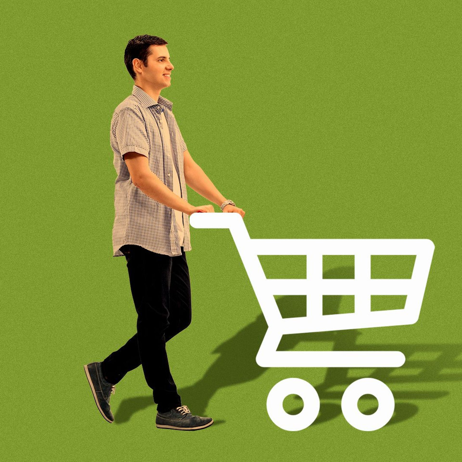 Illustration of a man pushing an online shopping cart icon