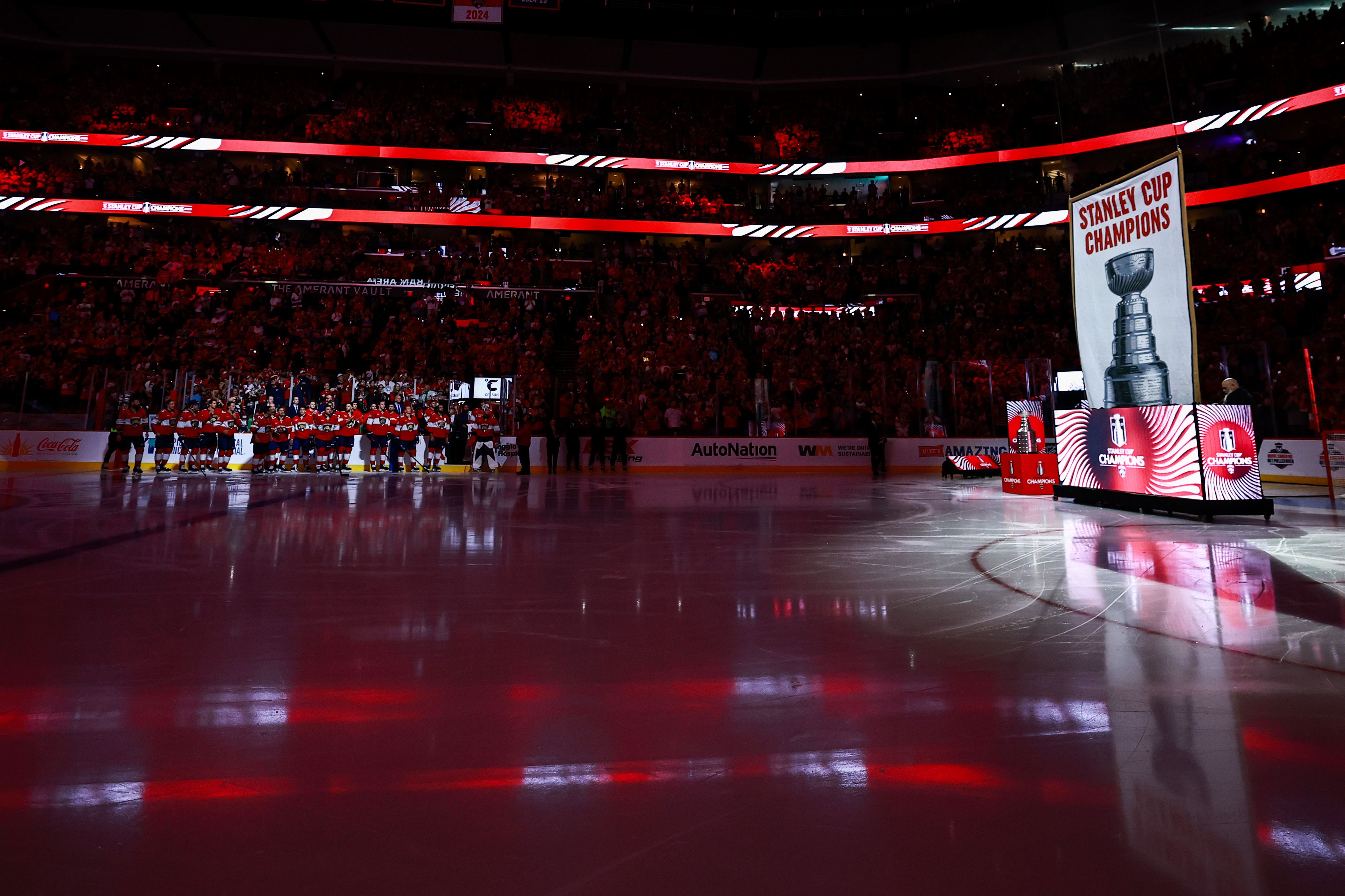 SUNRISE, FLORIDA - OCTOBER 07: The 2025 Stanley Cup championship banner is raised over the ice during a ceremony before the Florida Panthers' home opener against the Chicago Blackhawks at Amerant Bank Arena on October 07, 2025 in Sunrise, Florida. (Photo by Megan Briggs/Getty Images)
