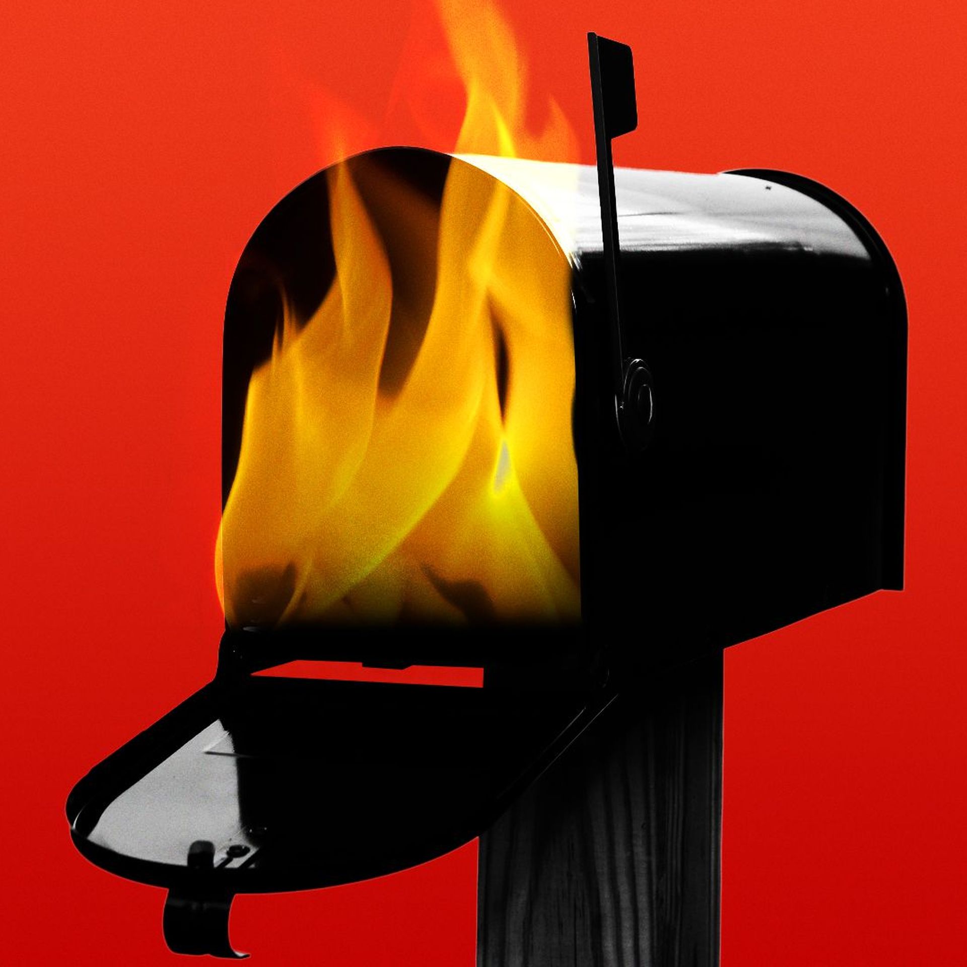 Illustration of a mailbox with fire coming out of it. 