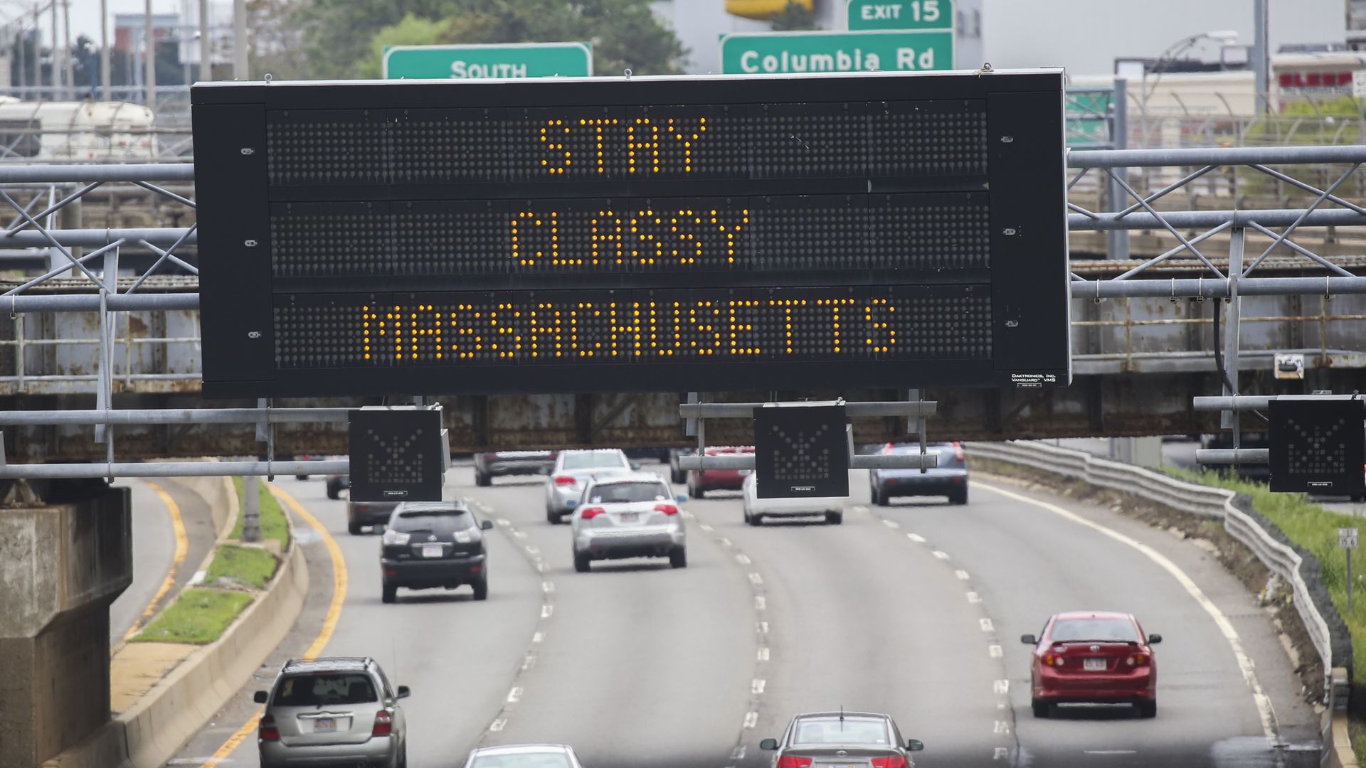 A Massachusetts highway sign that reads, "stay classy Massachusetts."