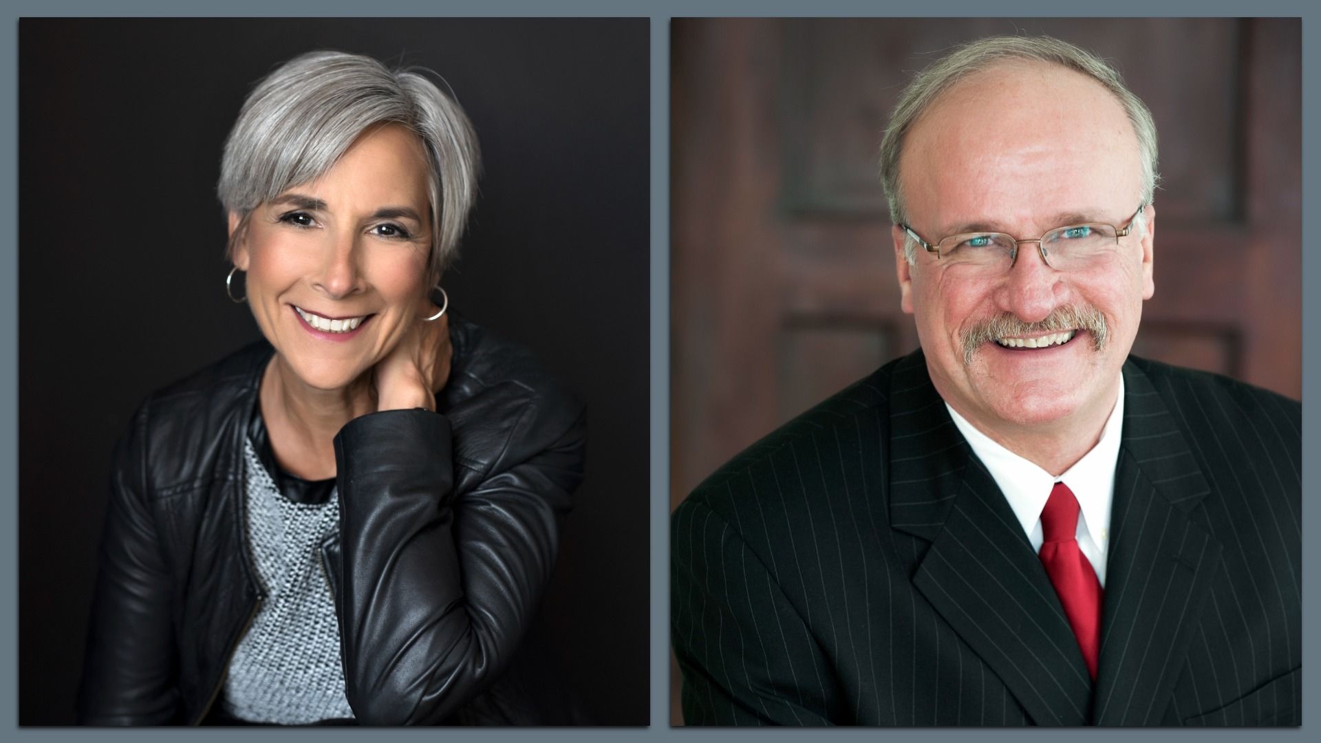 Two headshots side by side: left shows a smiling gray-haired woman in a black leather jacket against a dark background; right shows a smiling man with glasses and a mustache in a dark pinstripe suit with a red tie.