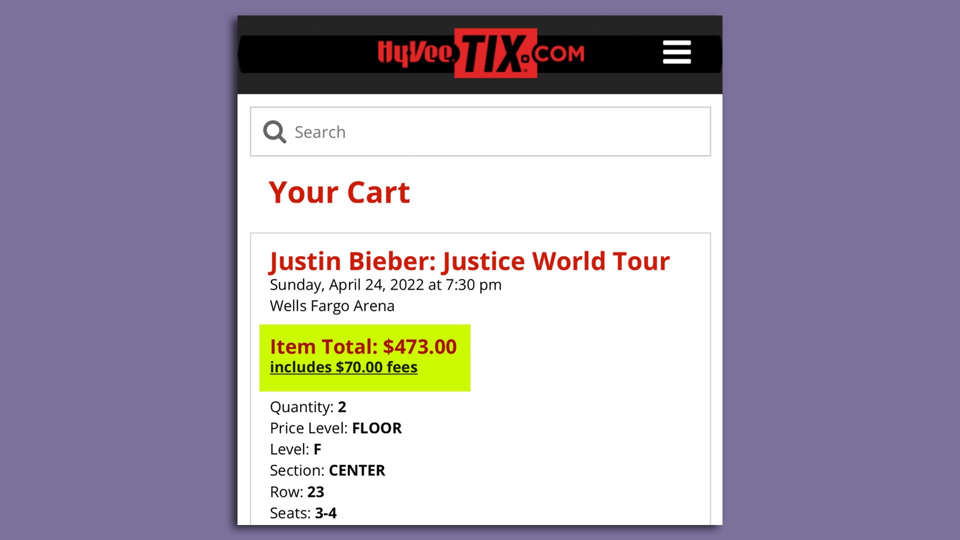 A screenshot of a Justin Bieber ticket fee receipt.