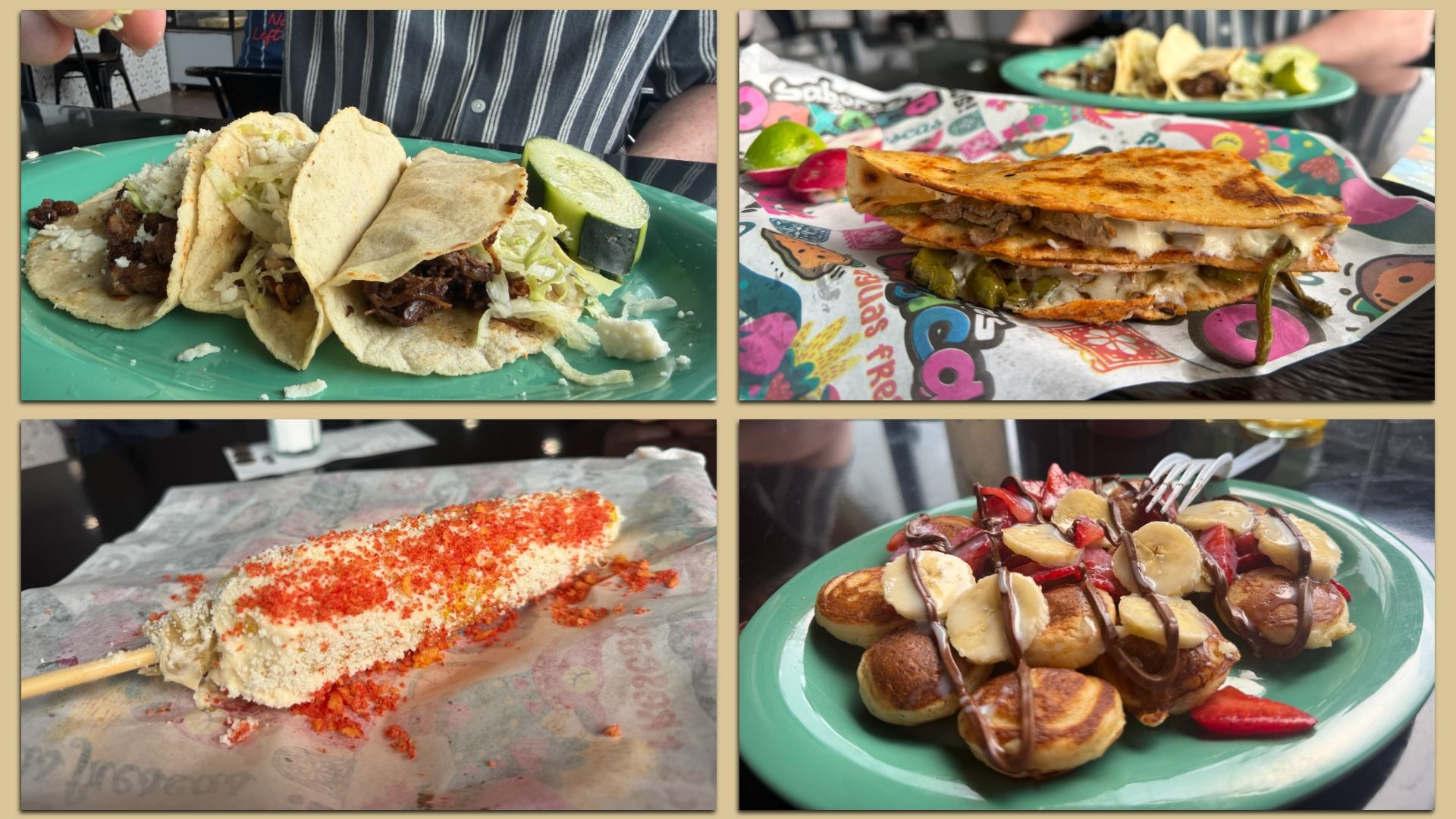Collage of four foods: top-left meat tacos with lettuce and avocado on a teal plate; top-right folded cheese quesadilla; bottom-left fried snack with red sugar powder; bottom-right banana-topped pastries with chocolate drizzle.