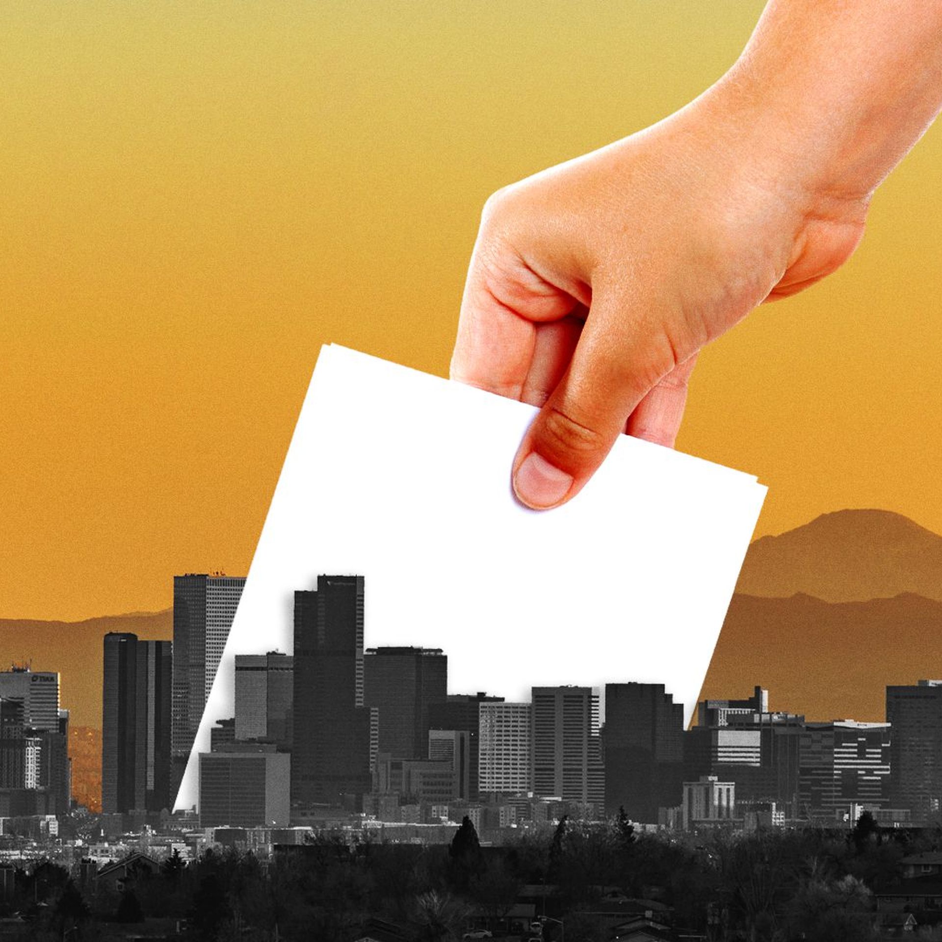 Illustration of a ballot being dropped into the Denver skyline.