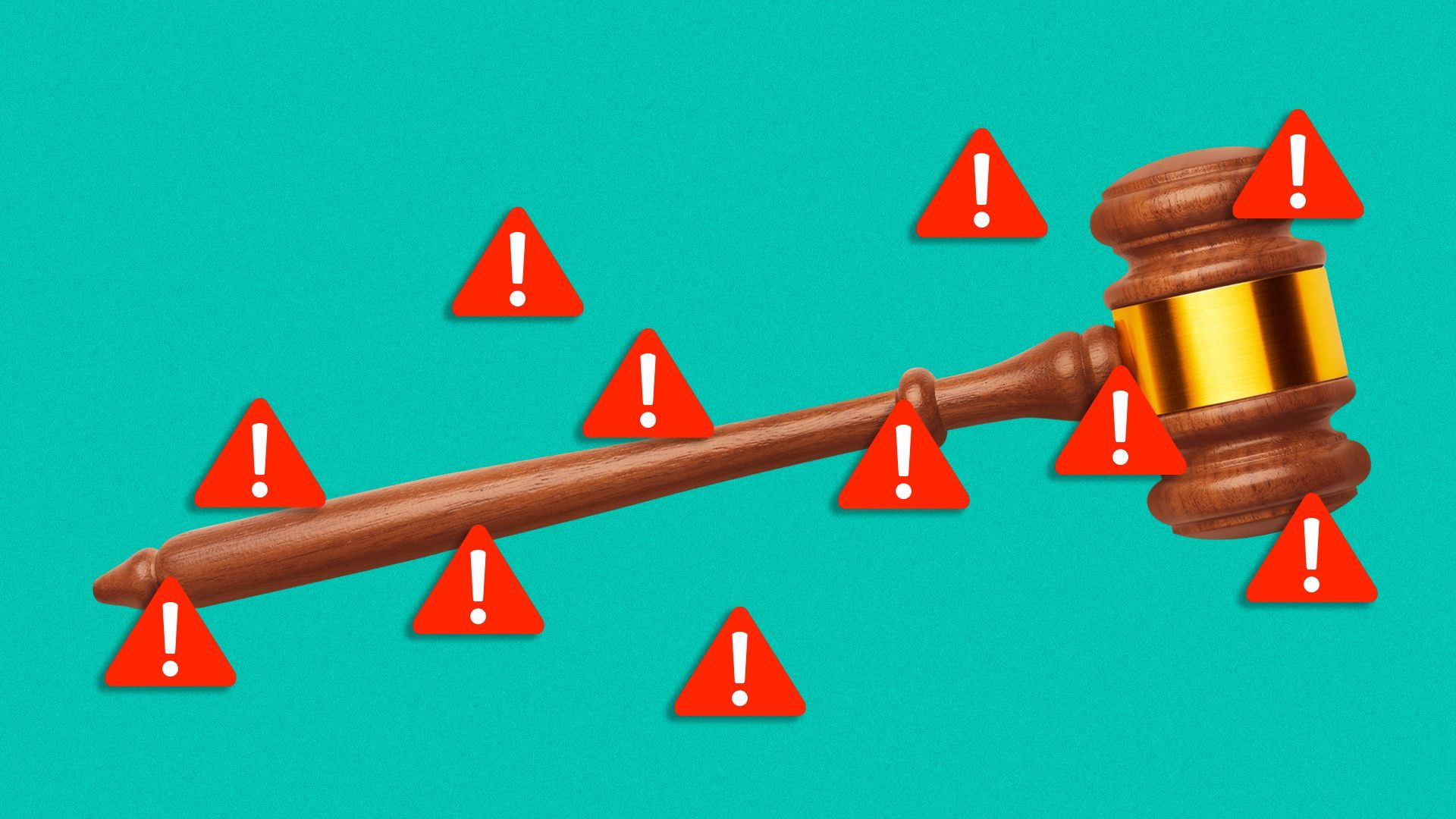 Illustration of a gavel surrounded by warning pop ups with exclamation marks.