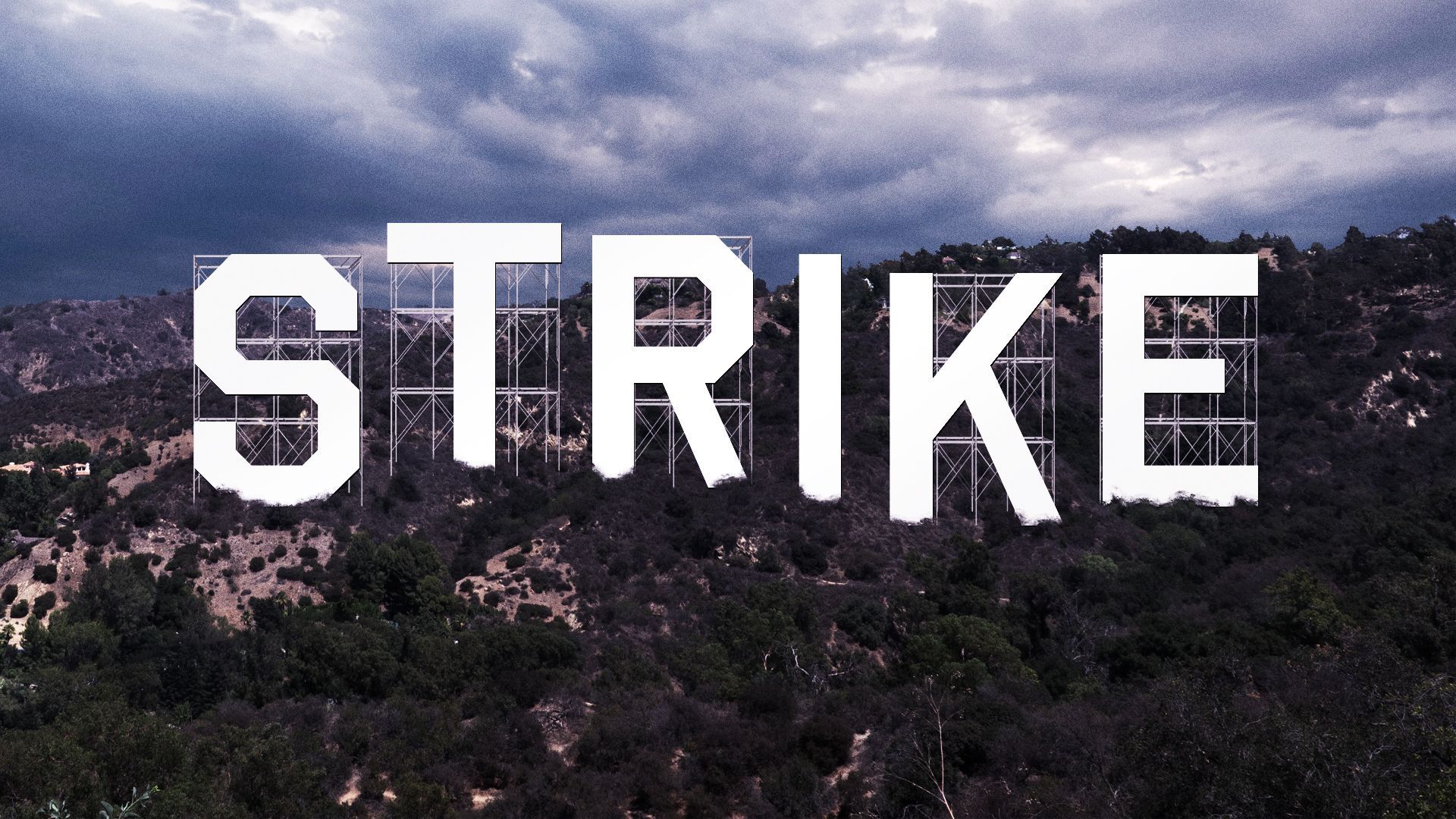 Illustration of the Hollywood sign, but it says "strike."