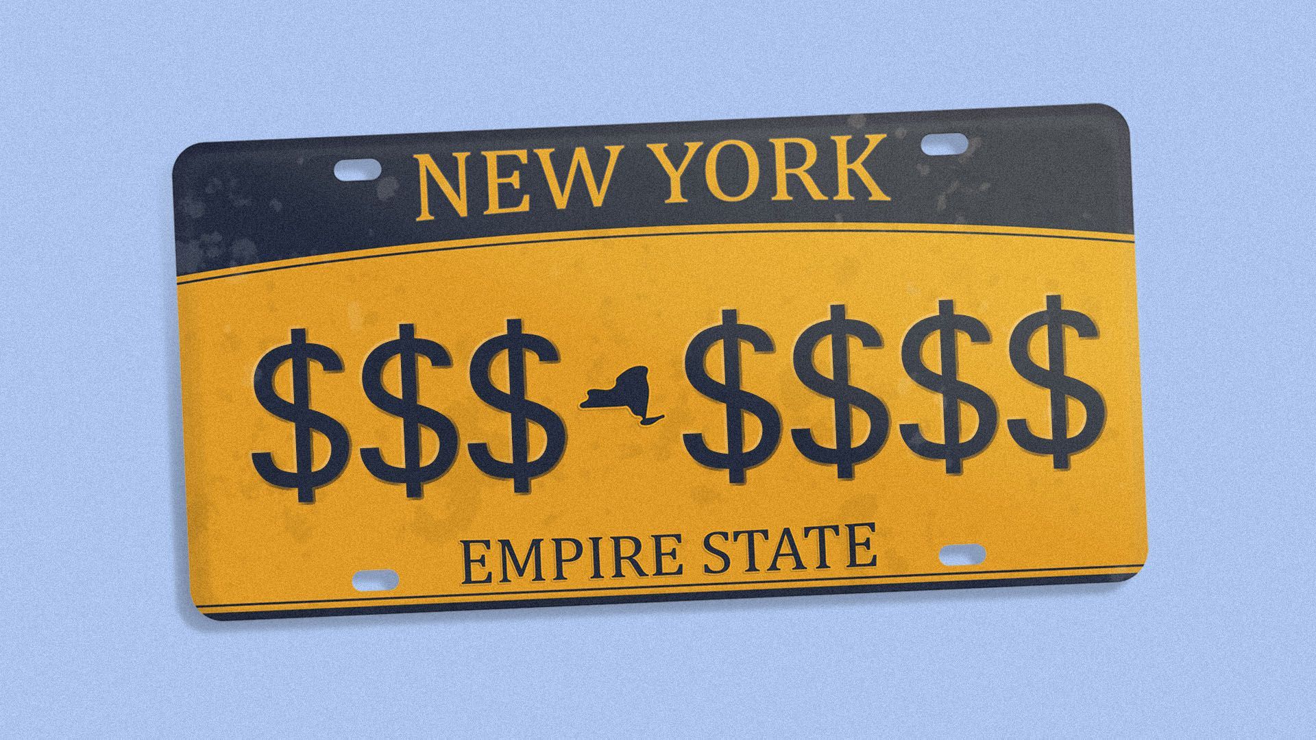 Illustration of a New York state license plate with dollar signs across it.