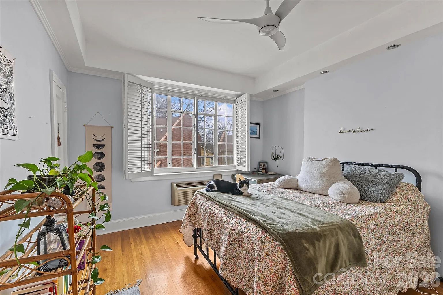 Bright bedroom with hardwood floor, floral bedspread, green throw, plush pillows, black-and-white cat on bed, large window with shutters showing brick buildings outside, ceiling fan, and plants on shelf.