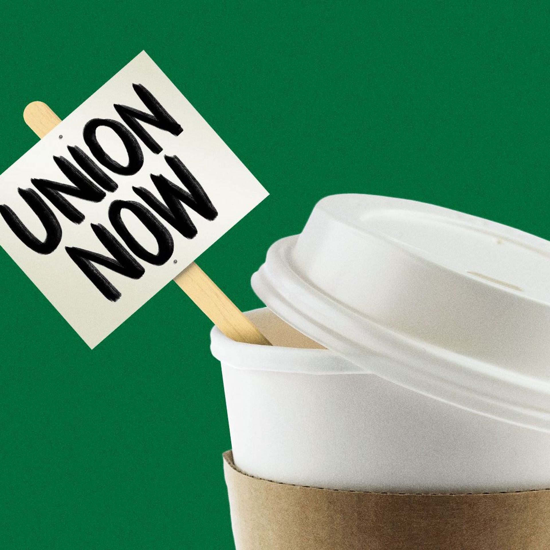Illustration of a union protest sign attached to a coffee stirrer in a to-go cup.