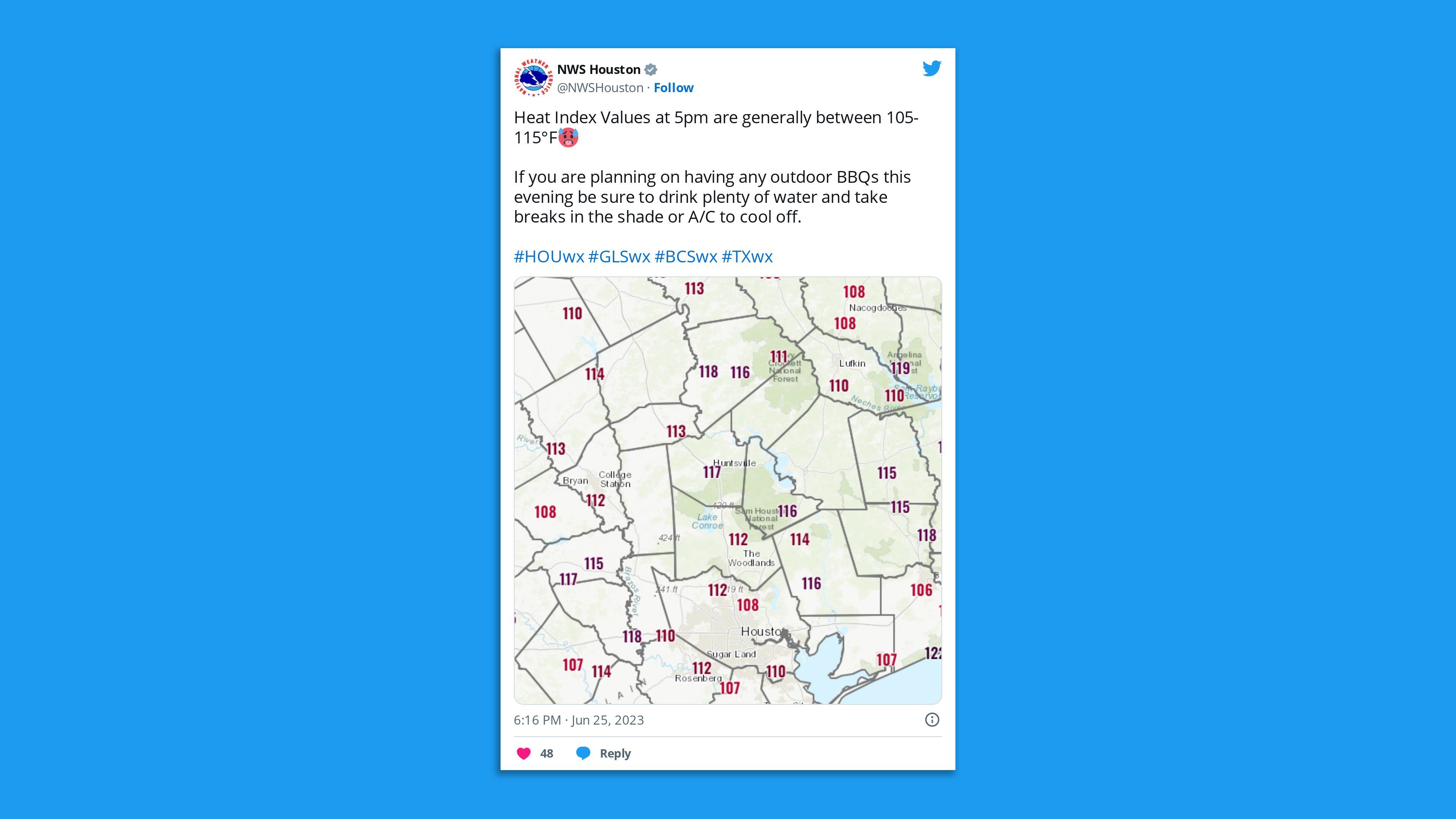 A screenshot of a tweet by NWS Houston, saying: "Heat Index Values at 5pm are generally between 105-115°F🥵  If you are planning on having any outdoor BBQs this evening be sure to drink plenty of water and take breaks in the shade or A/C to cool off."