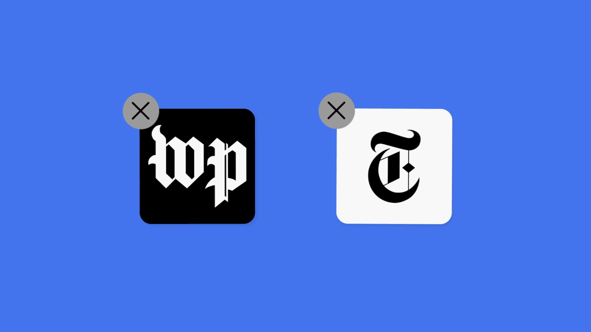 Animated illustration of New York Times and Washington Post app with delete buttons